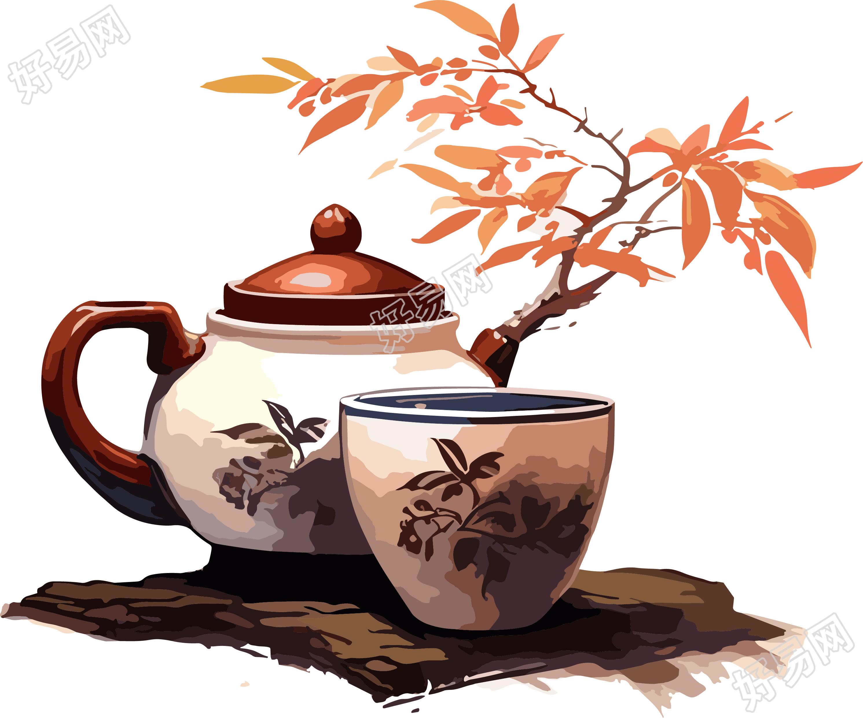 茶壶茶杯透明背景插画设计