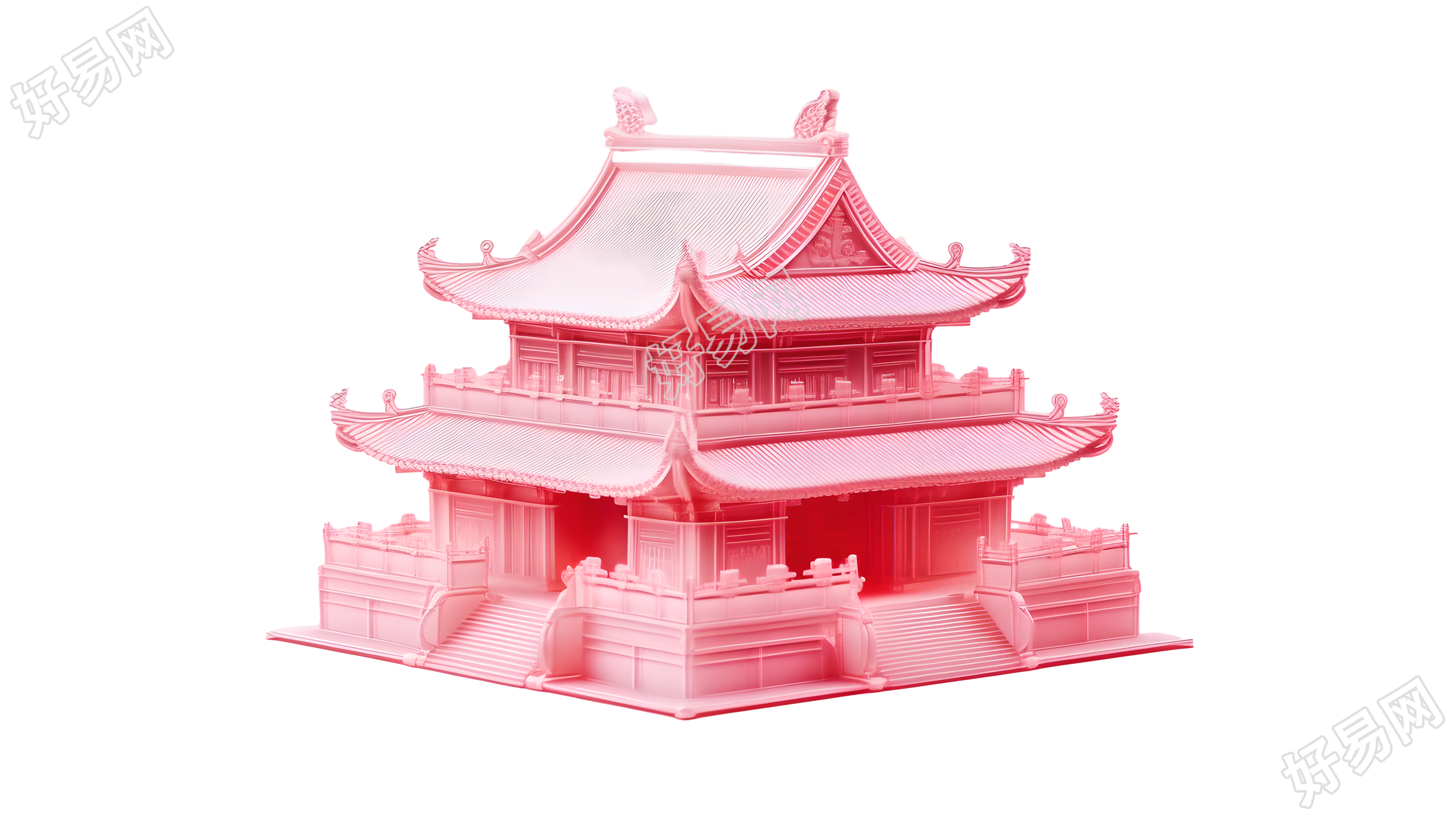 古代风格中国阁楼果冻积木模型插画