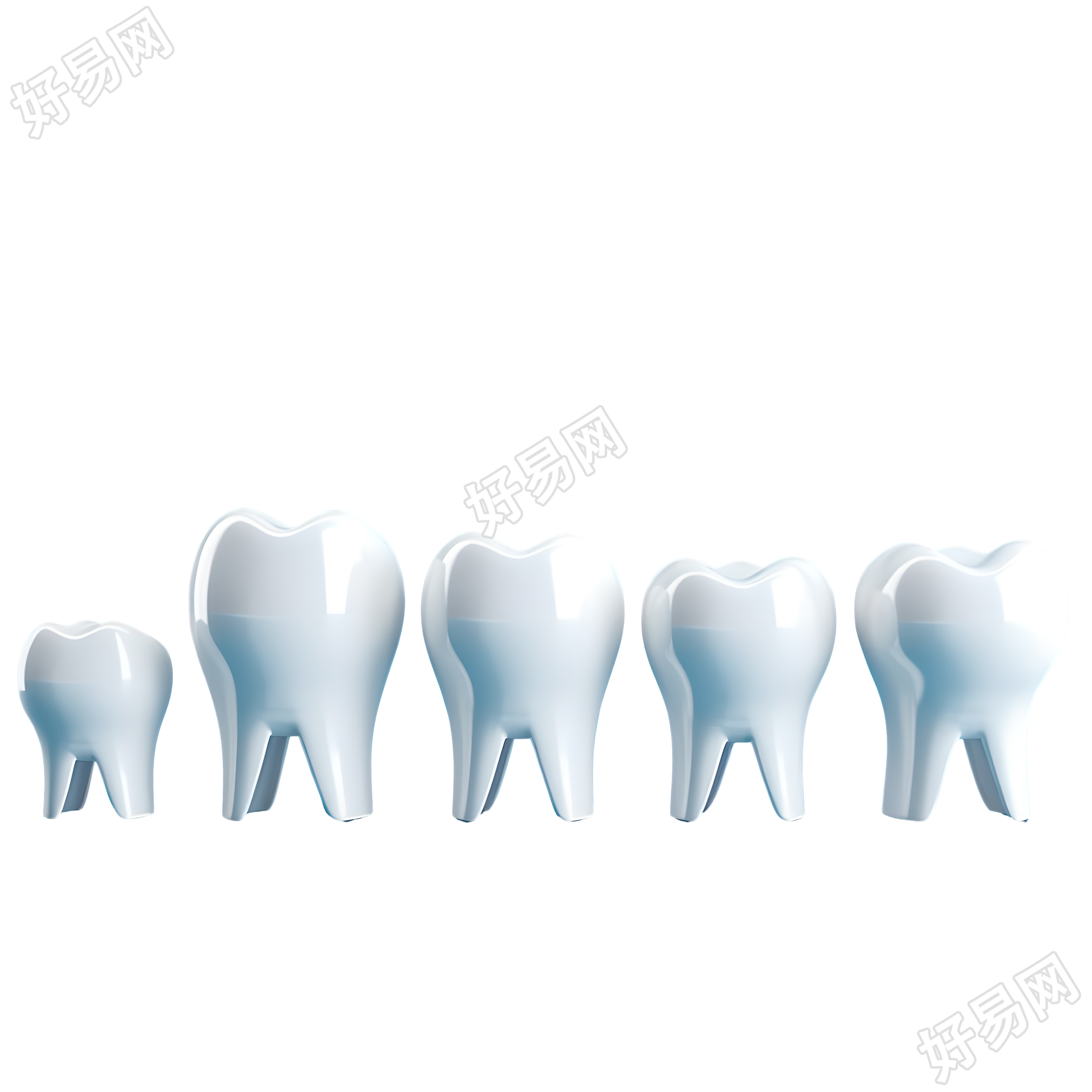 透明背景上的五个白色牙齿模型素材