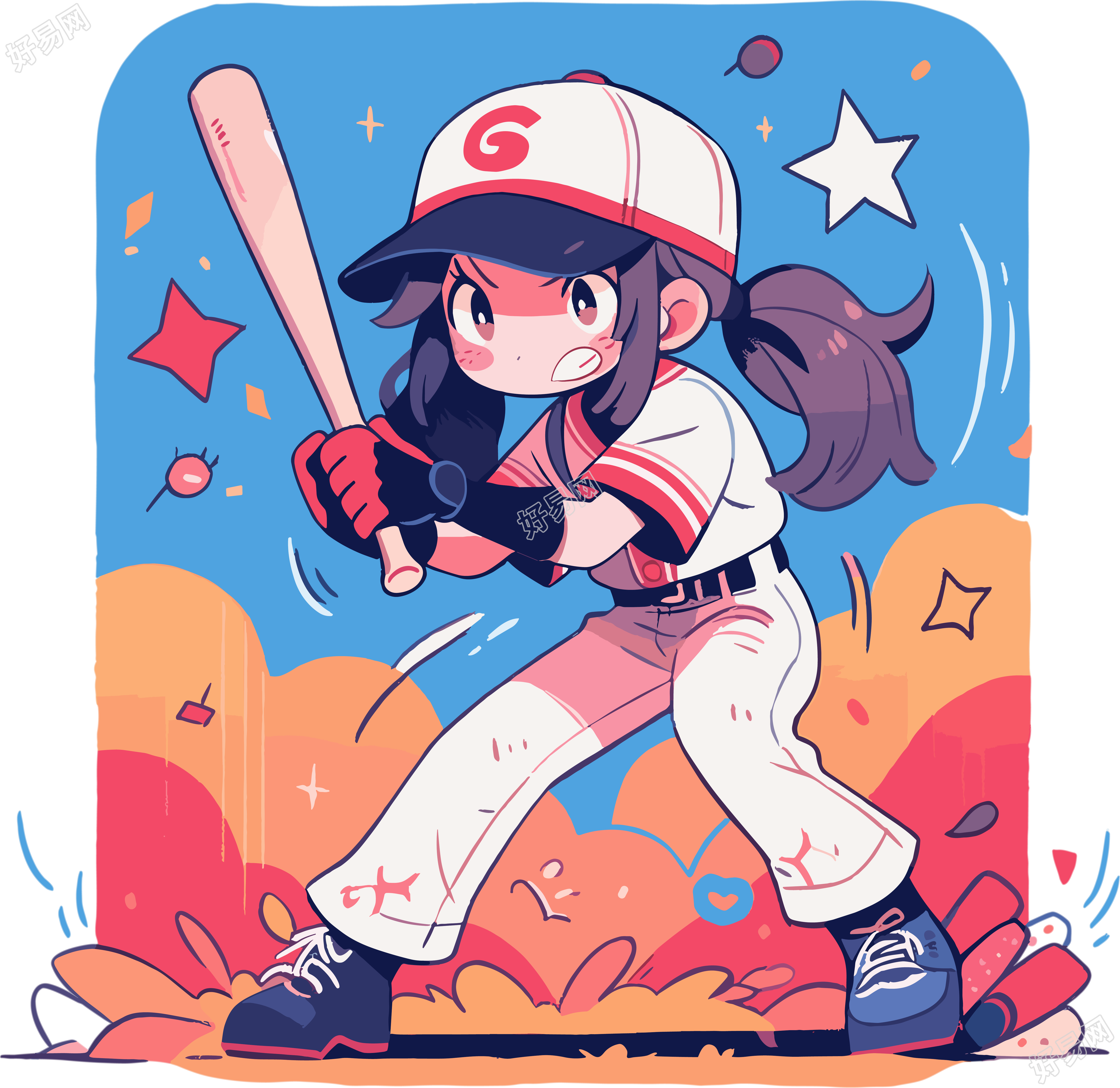 可爱卡通女孩打棒球素材