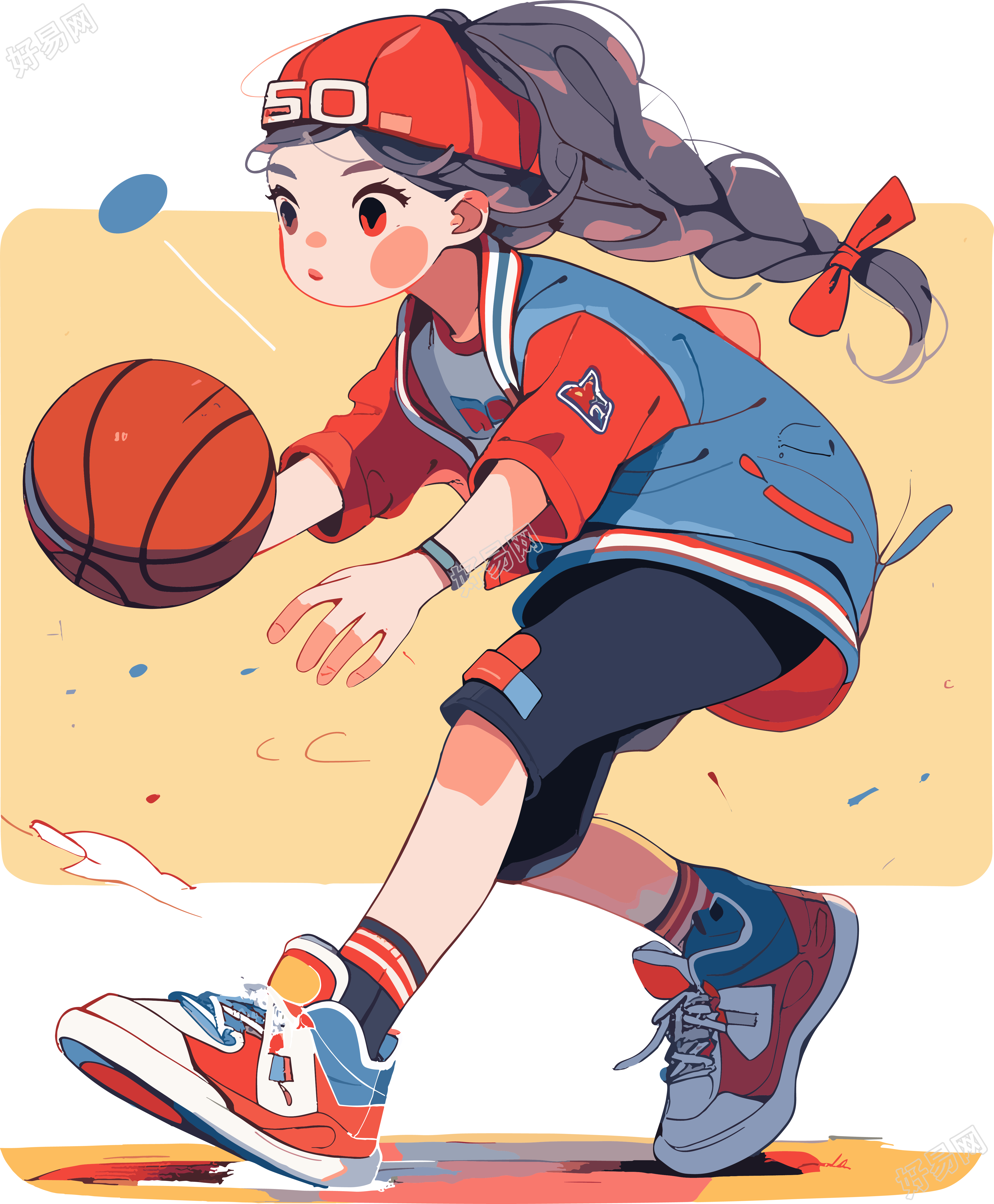 卡通女孩玩篮球插画