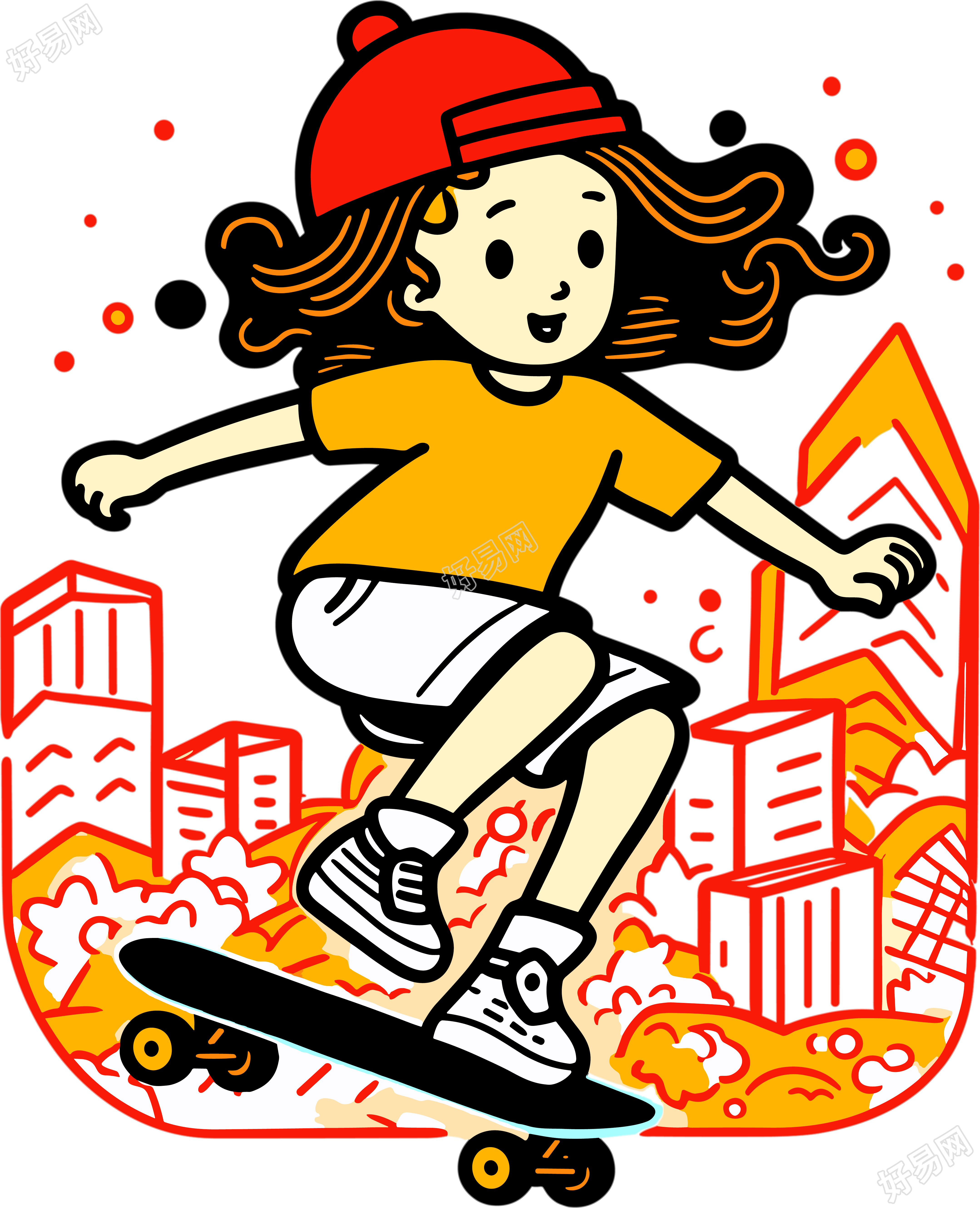 可爱女孩滑板插画
