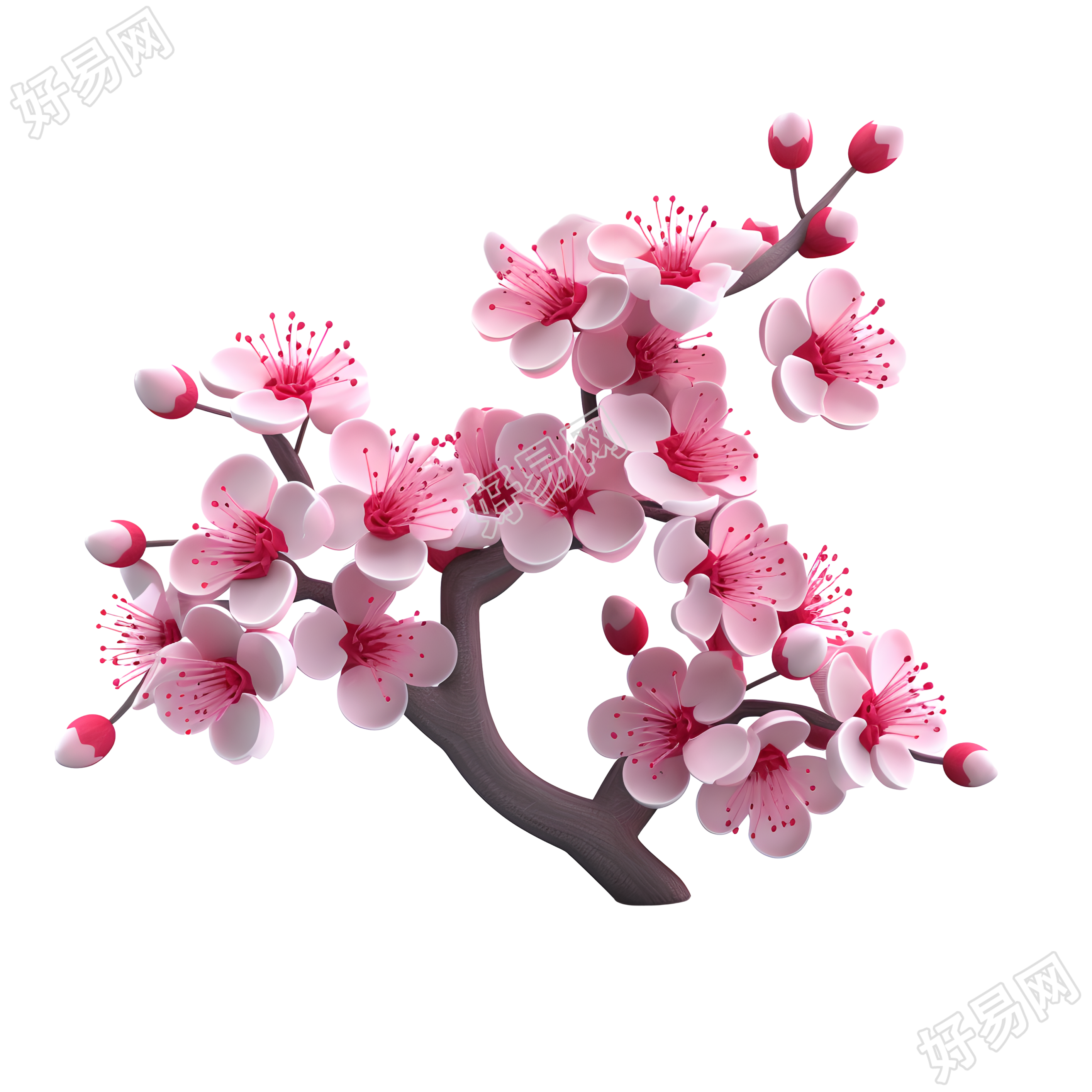柔和粉彩3D梅花枝PNG图元素素材