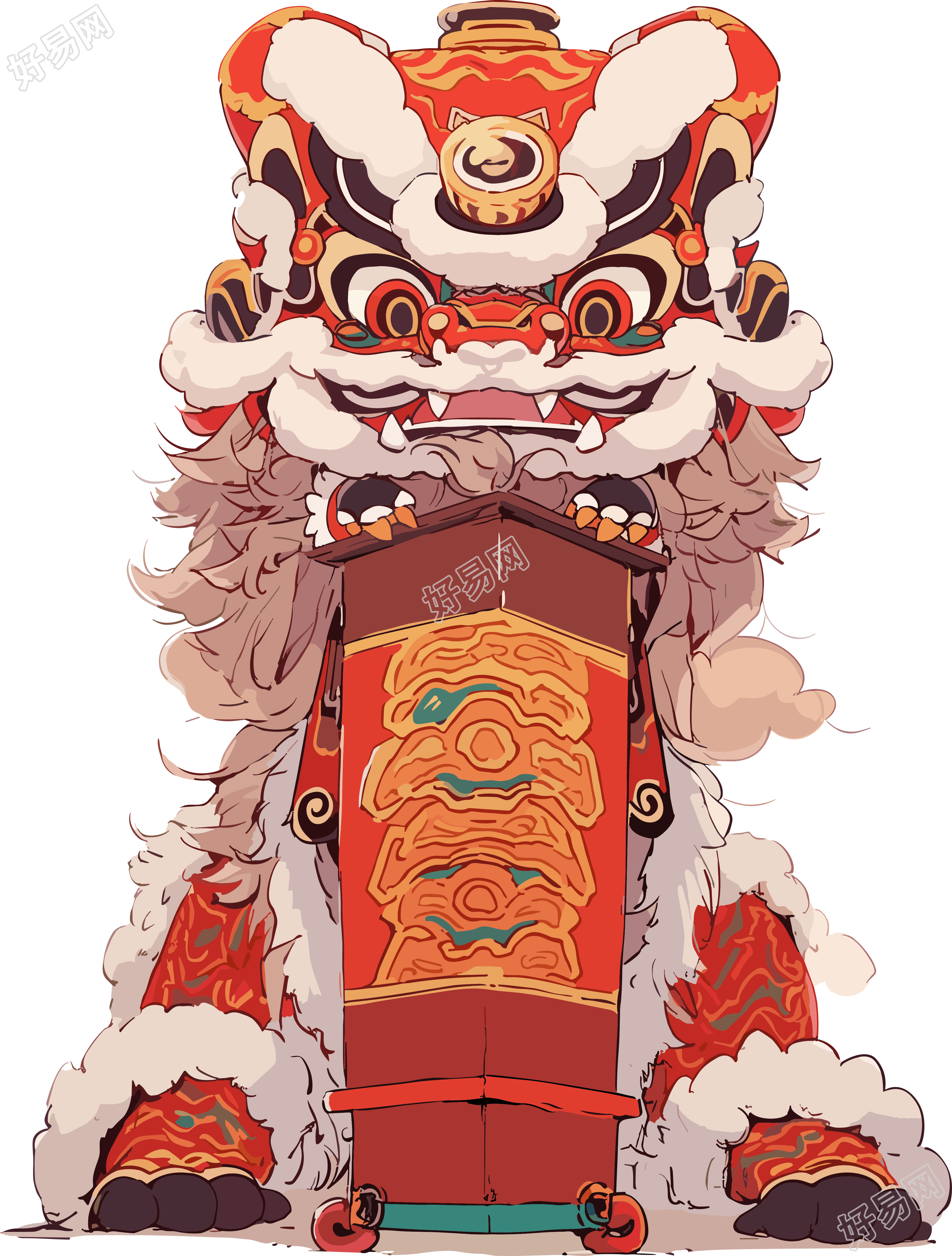 中国新年彩色逼真风格的舞狮插图