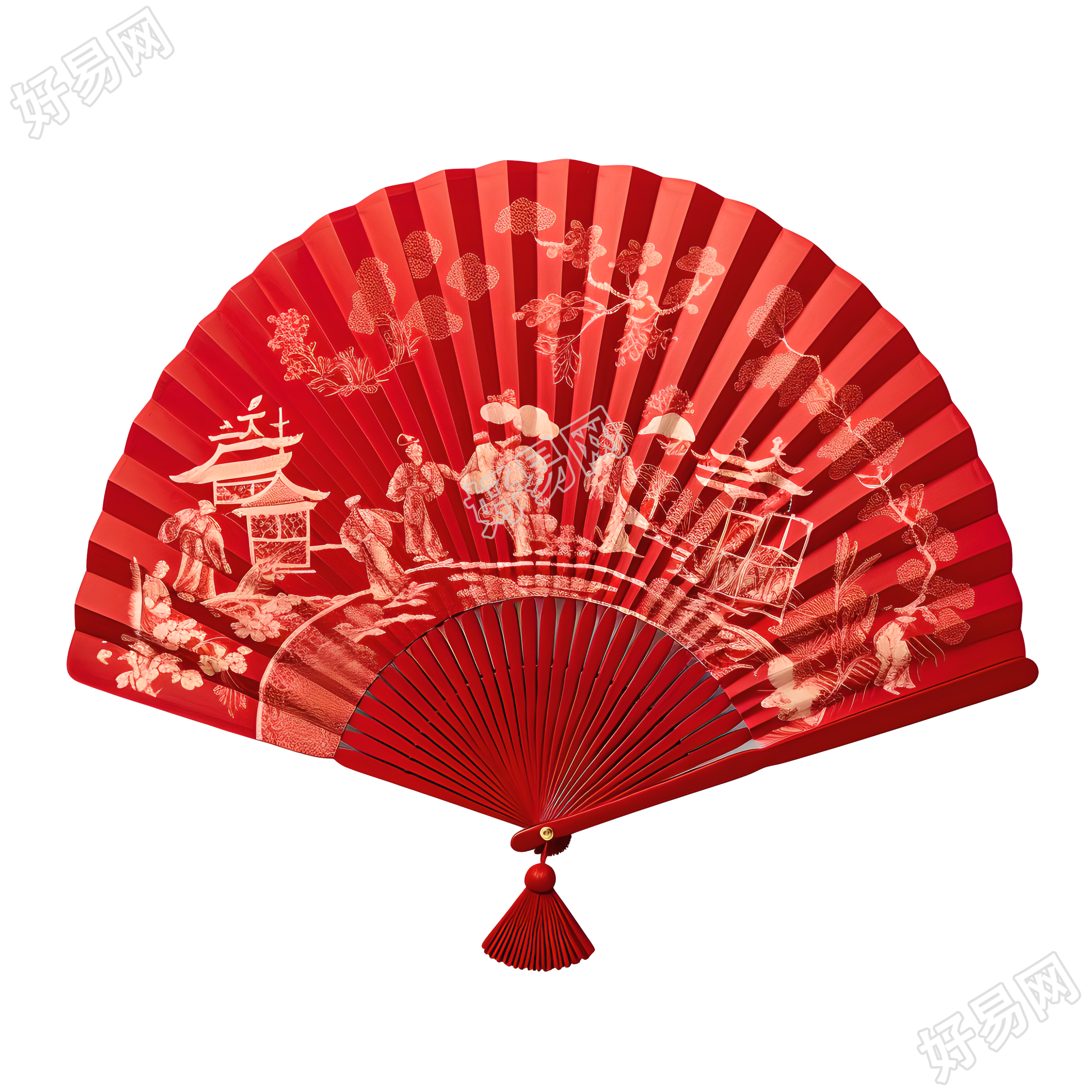 纯红色中国风折扇插画