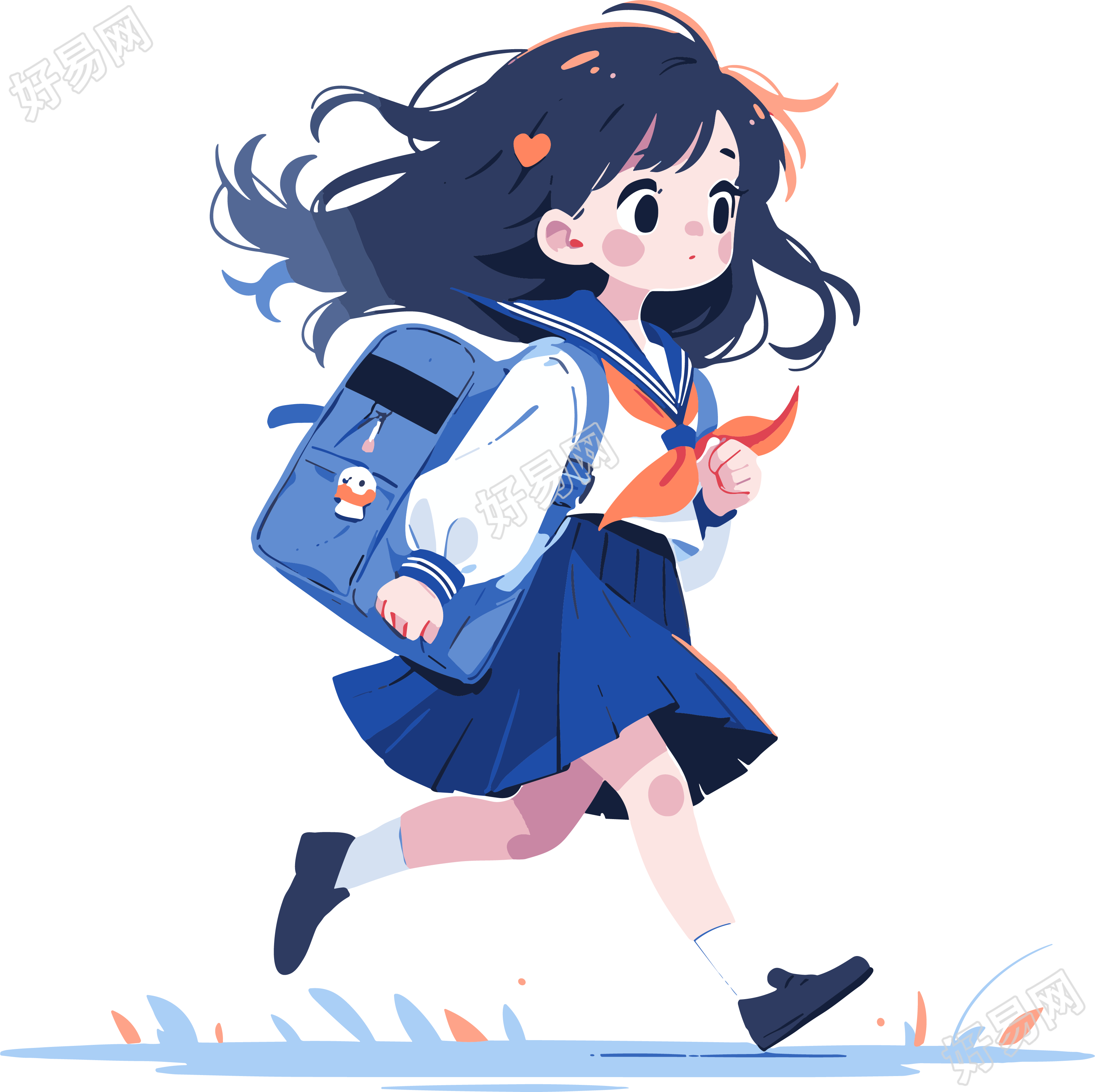 穿校服的女孩背着书包课本扁平插画