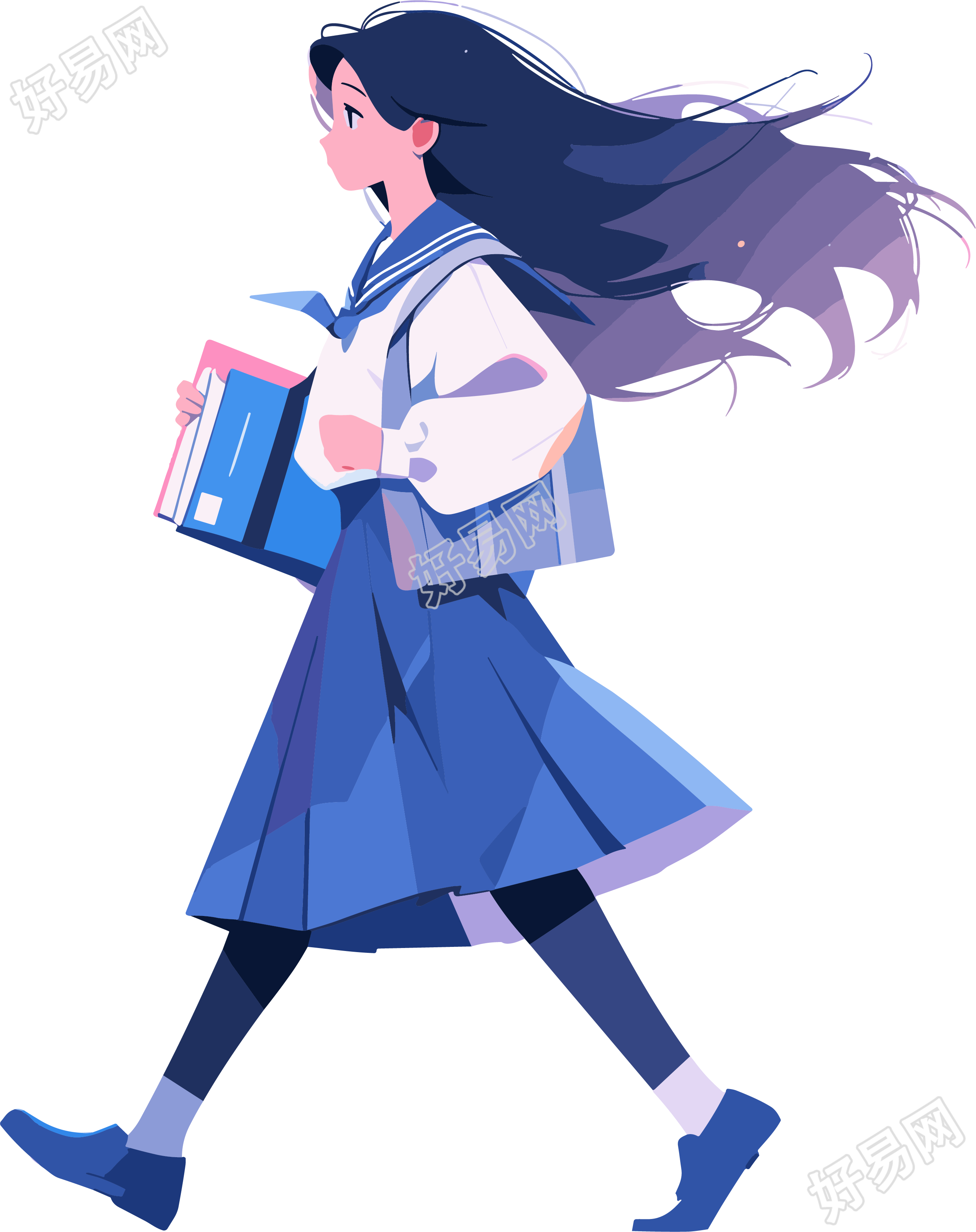 长发女生背着书包矢量平面插画素材