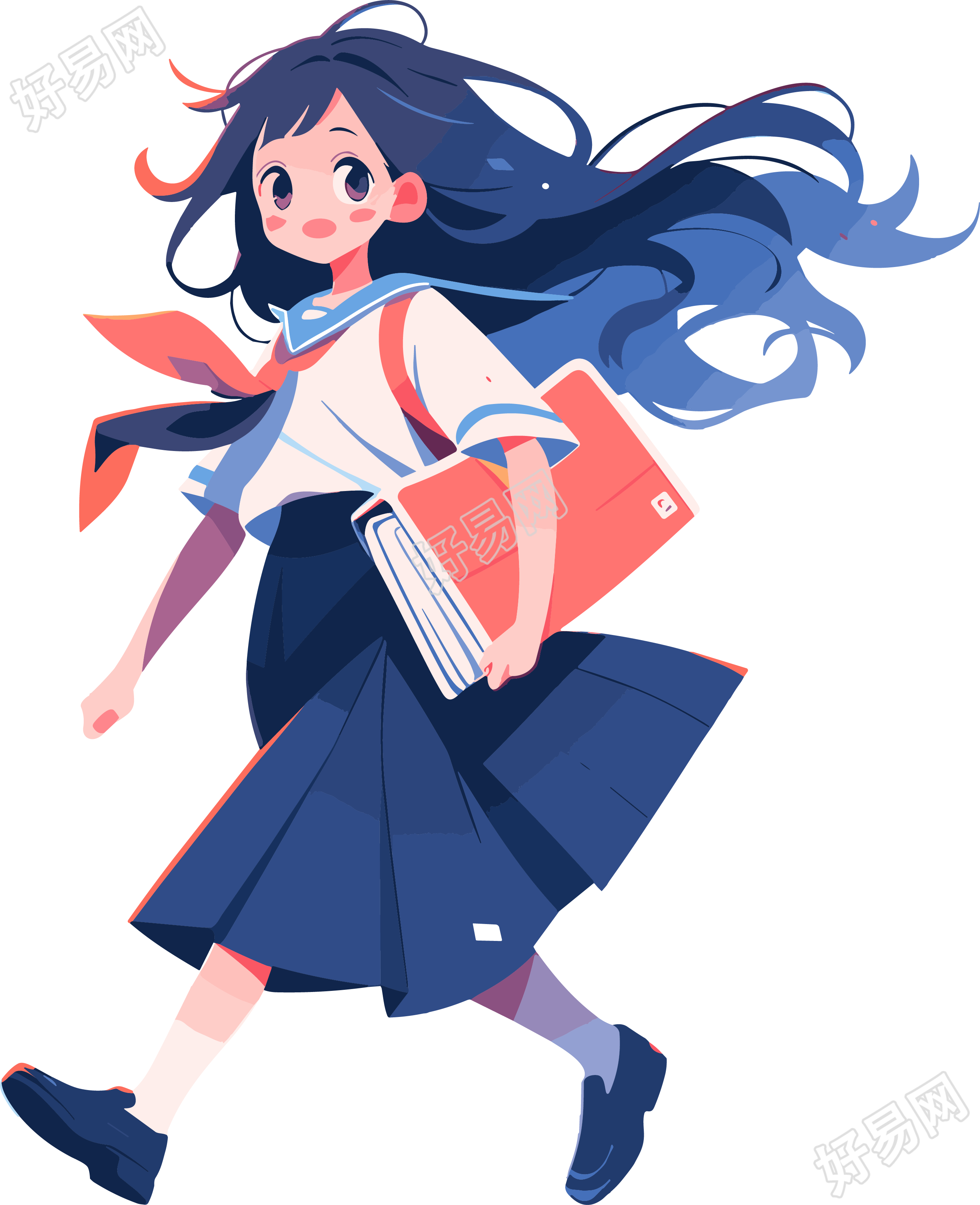 女孩拿着书籍走路矢量扁平插图