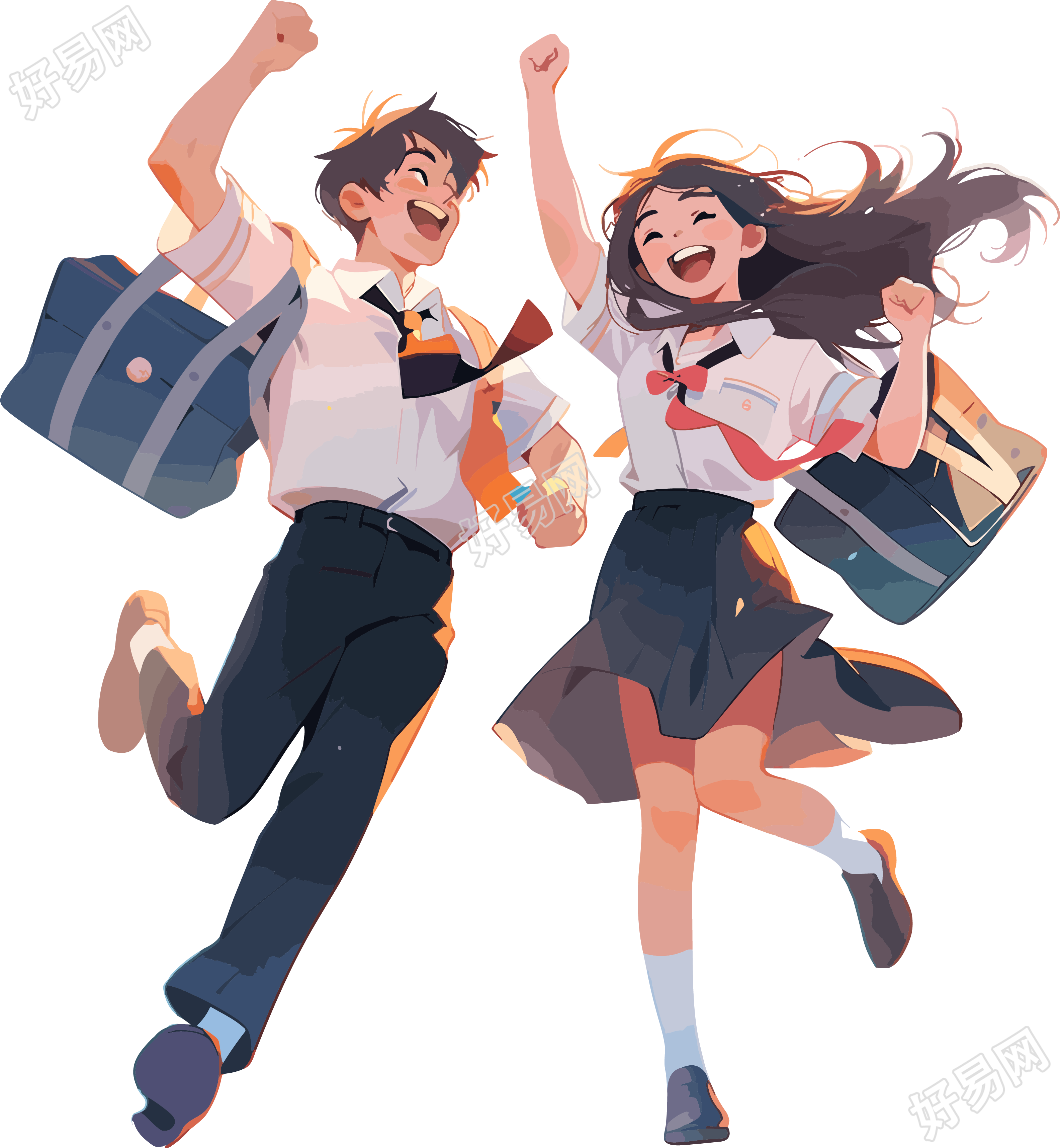在空中飞行的男孩女孩背着书包素材
