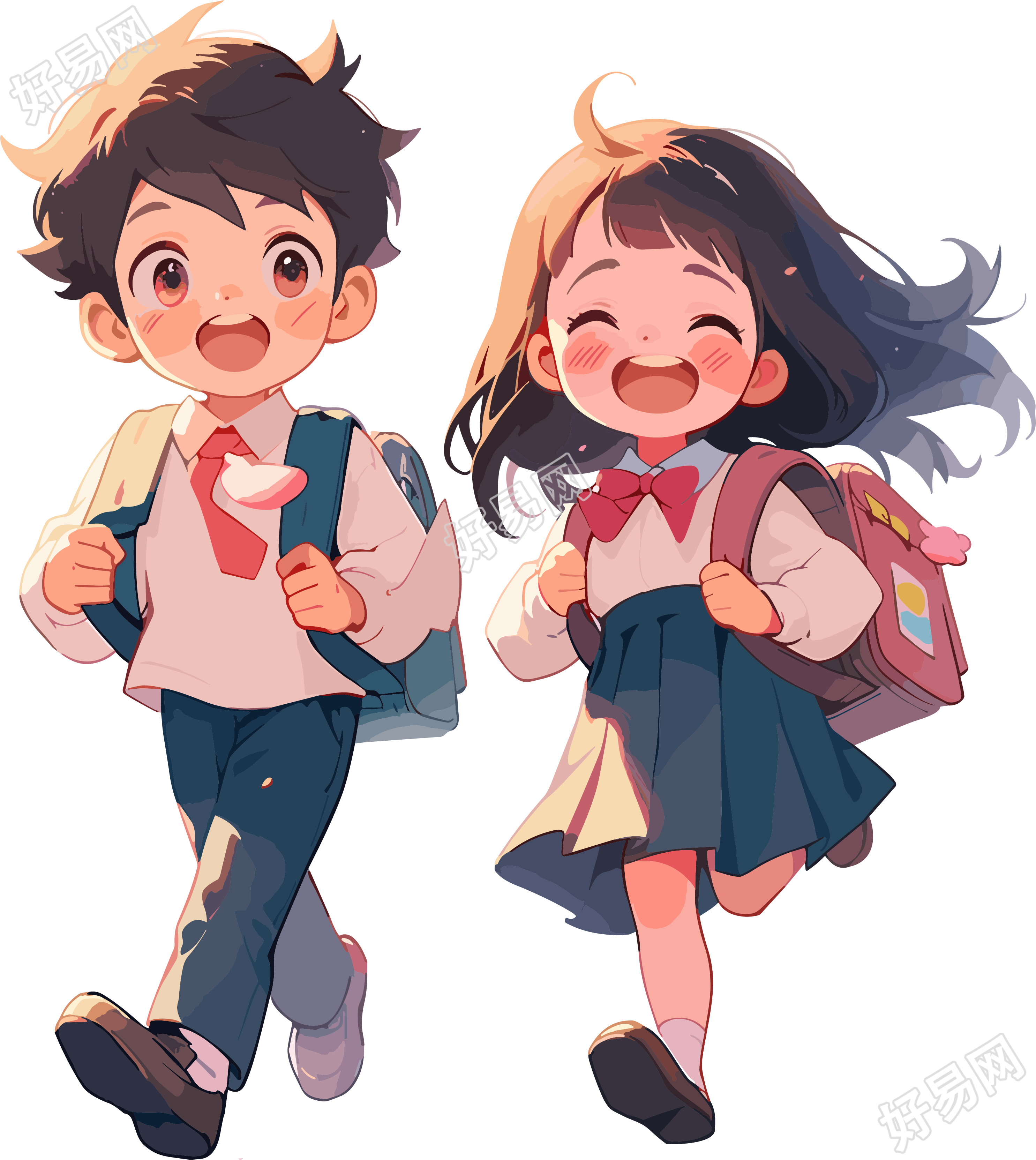 学生背书包的男孩女孩开心放学插画