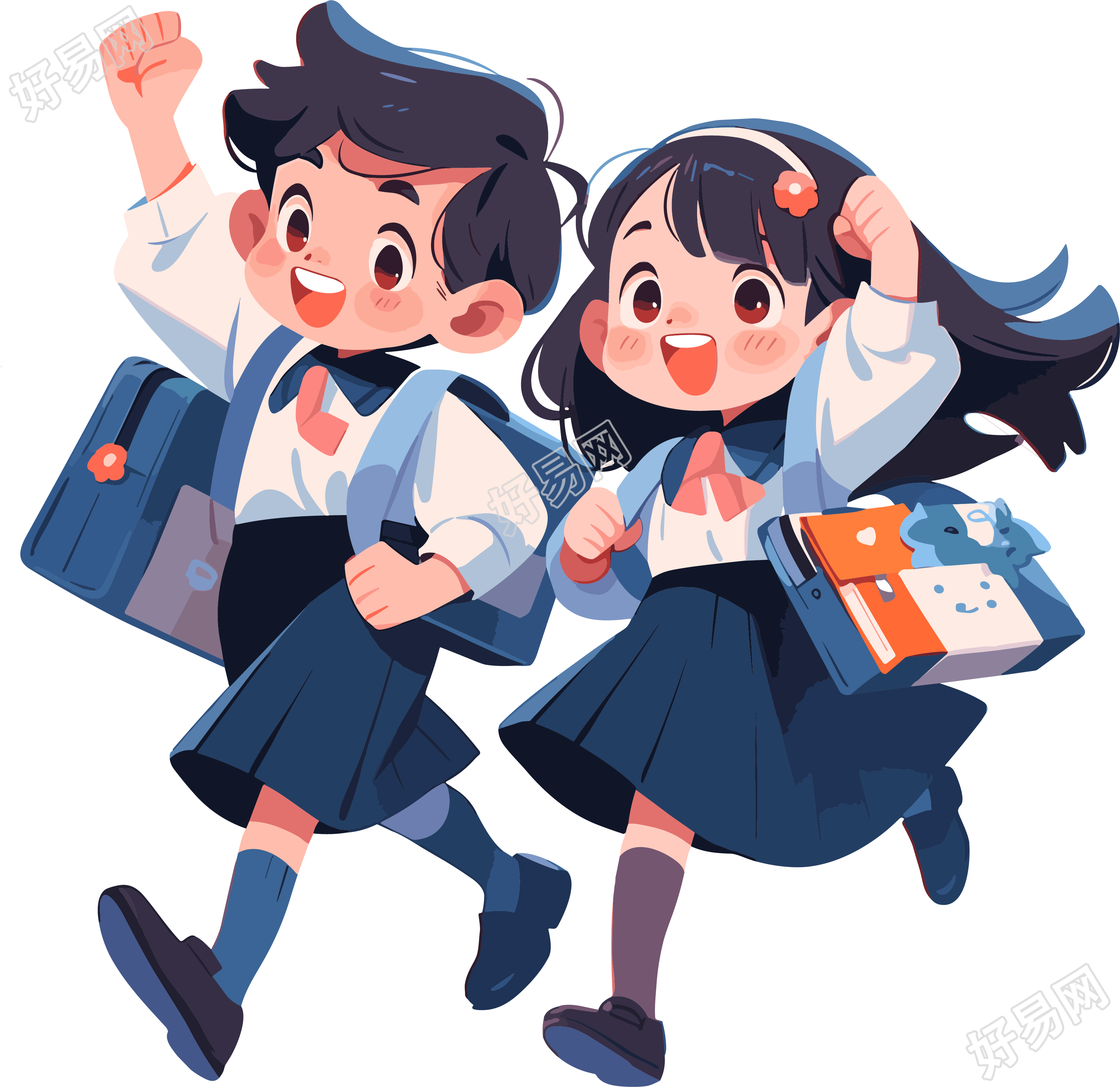 男孩女孩背着书包高清PNG插画设计元素