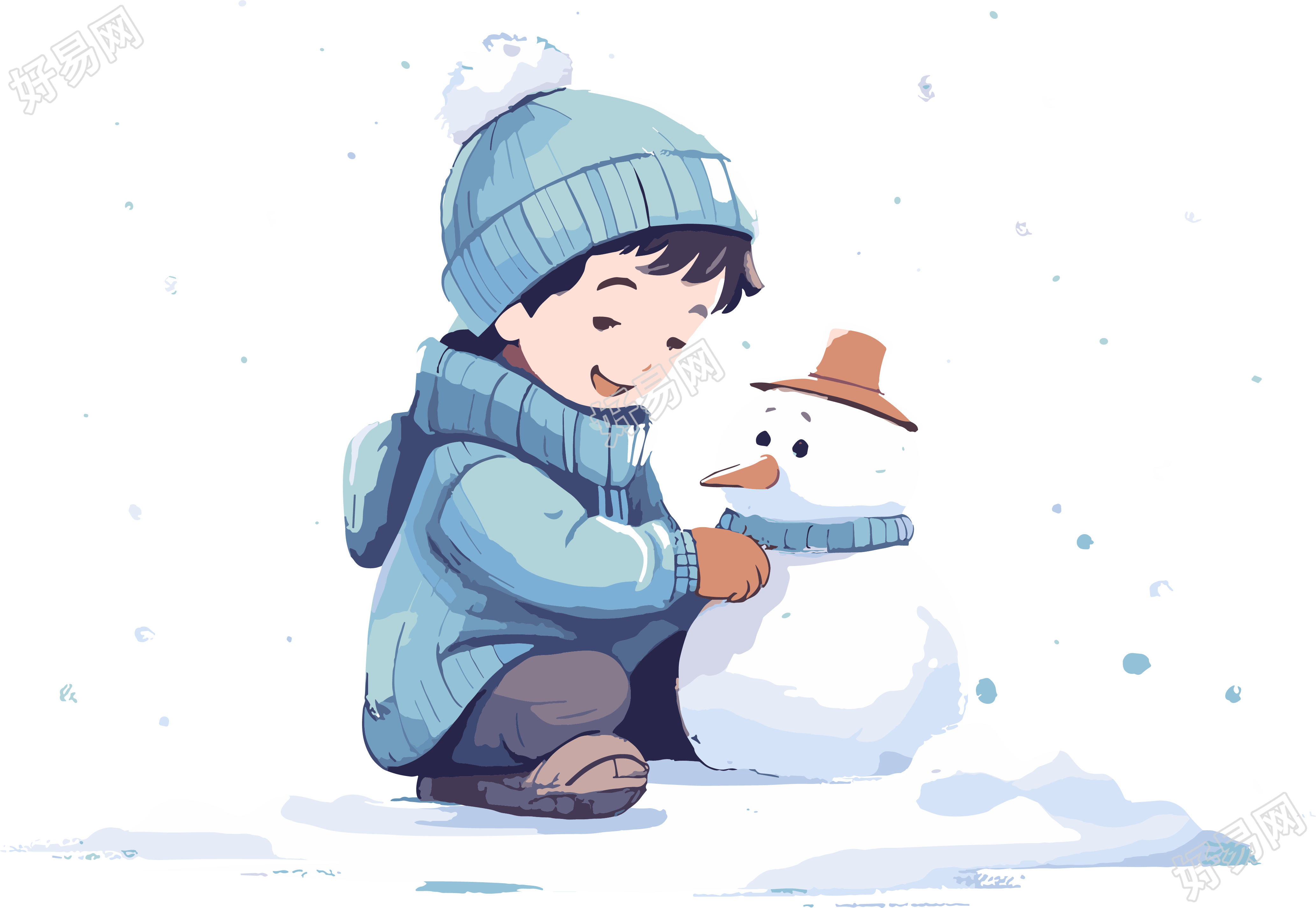 冬季元素堆雪人的小男孩扁平插图
