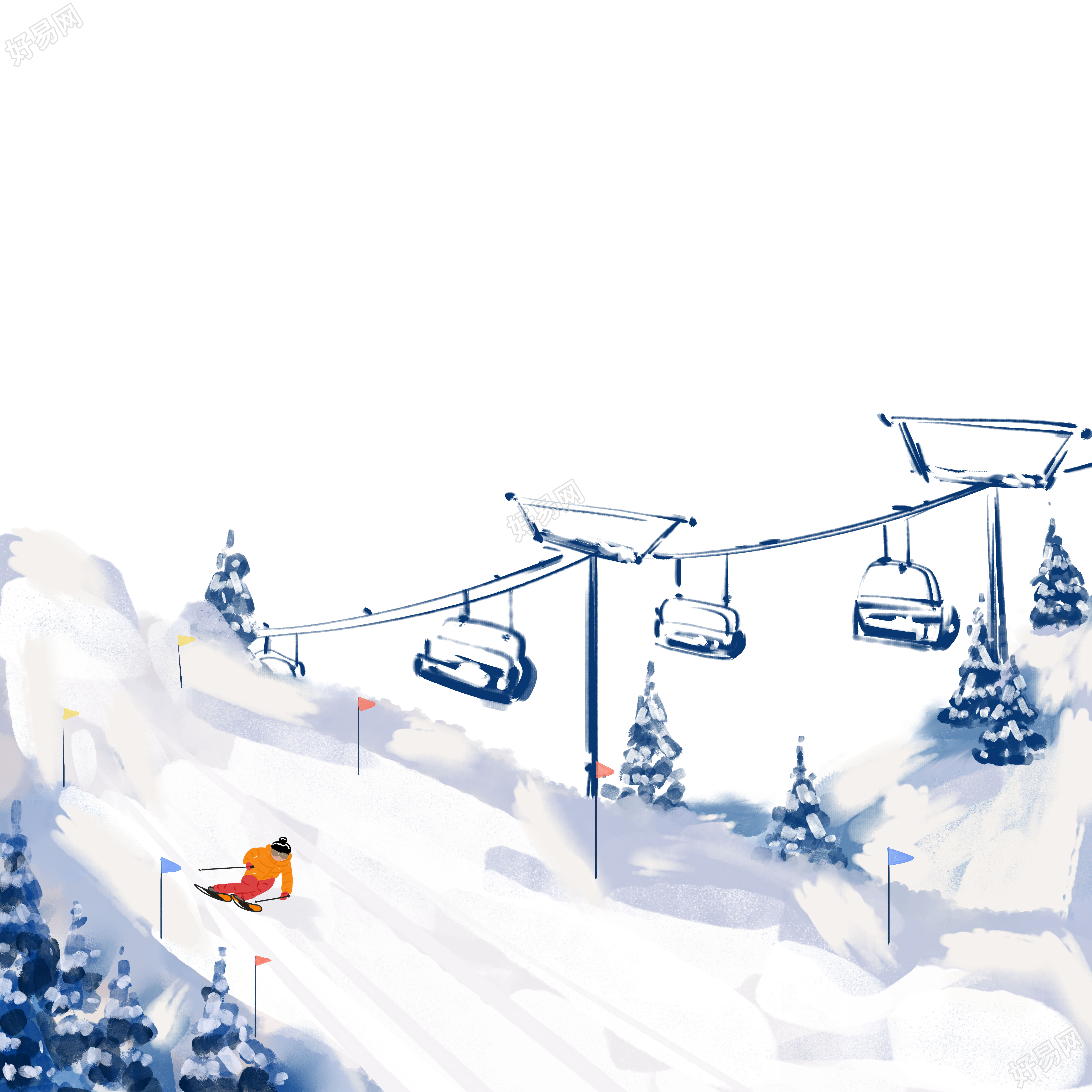 透明背景缆车和滑雪少年手绘插画
