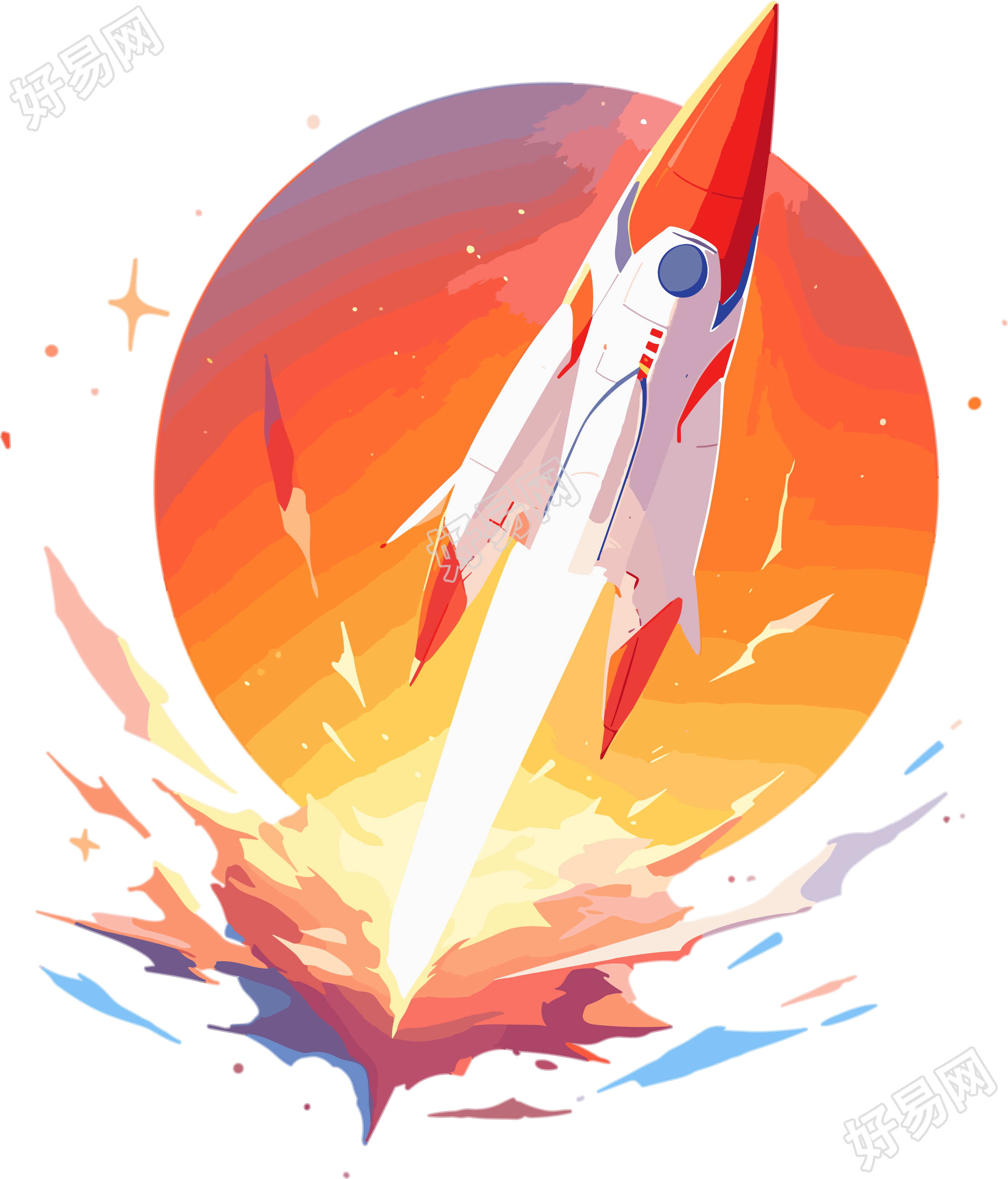 白色背景下的2D平面宇宙火箭插图
