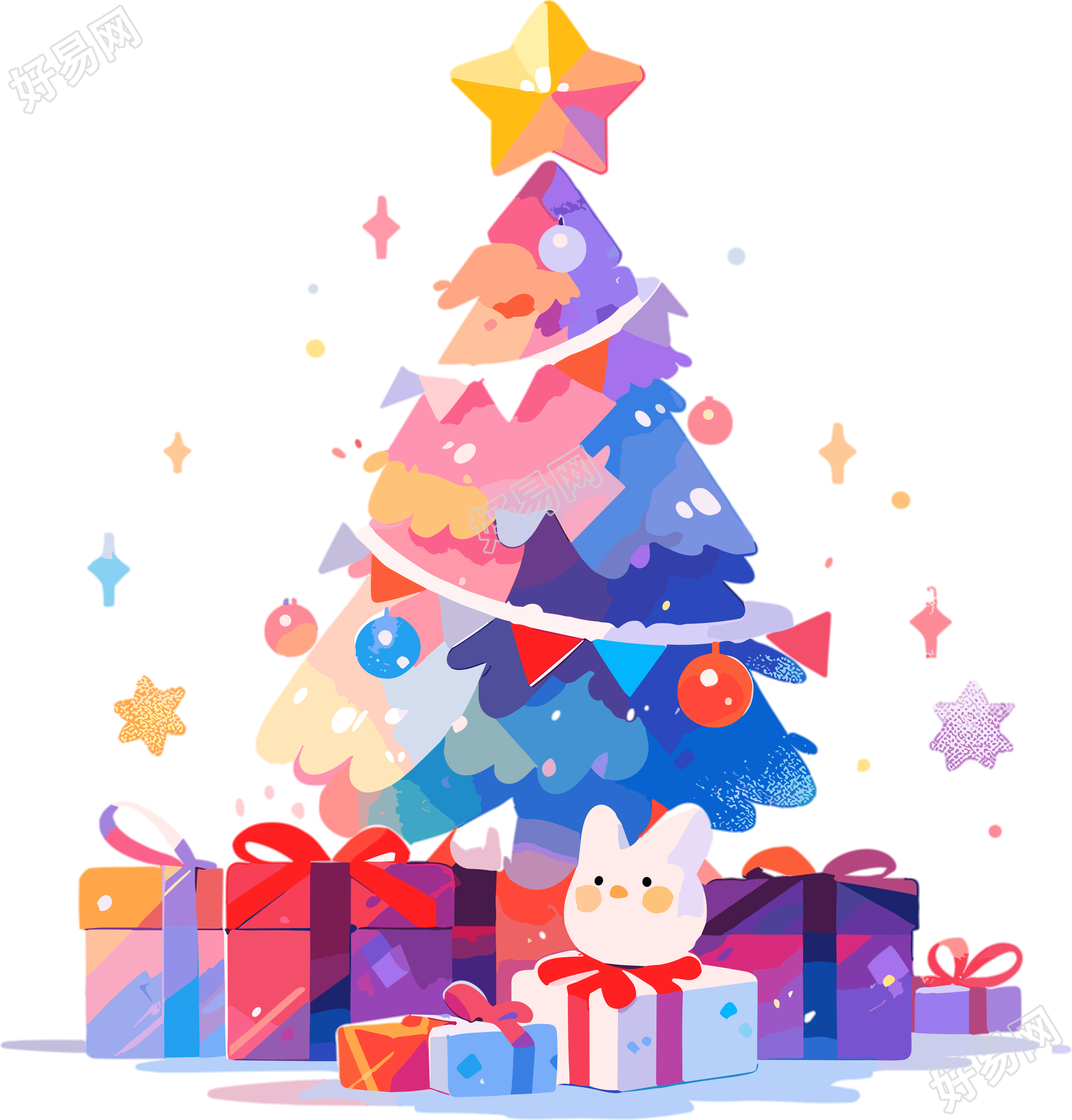 明亮色彩的圣诞树插图