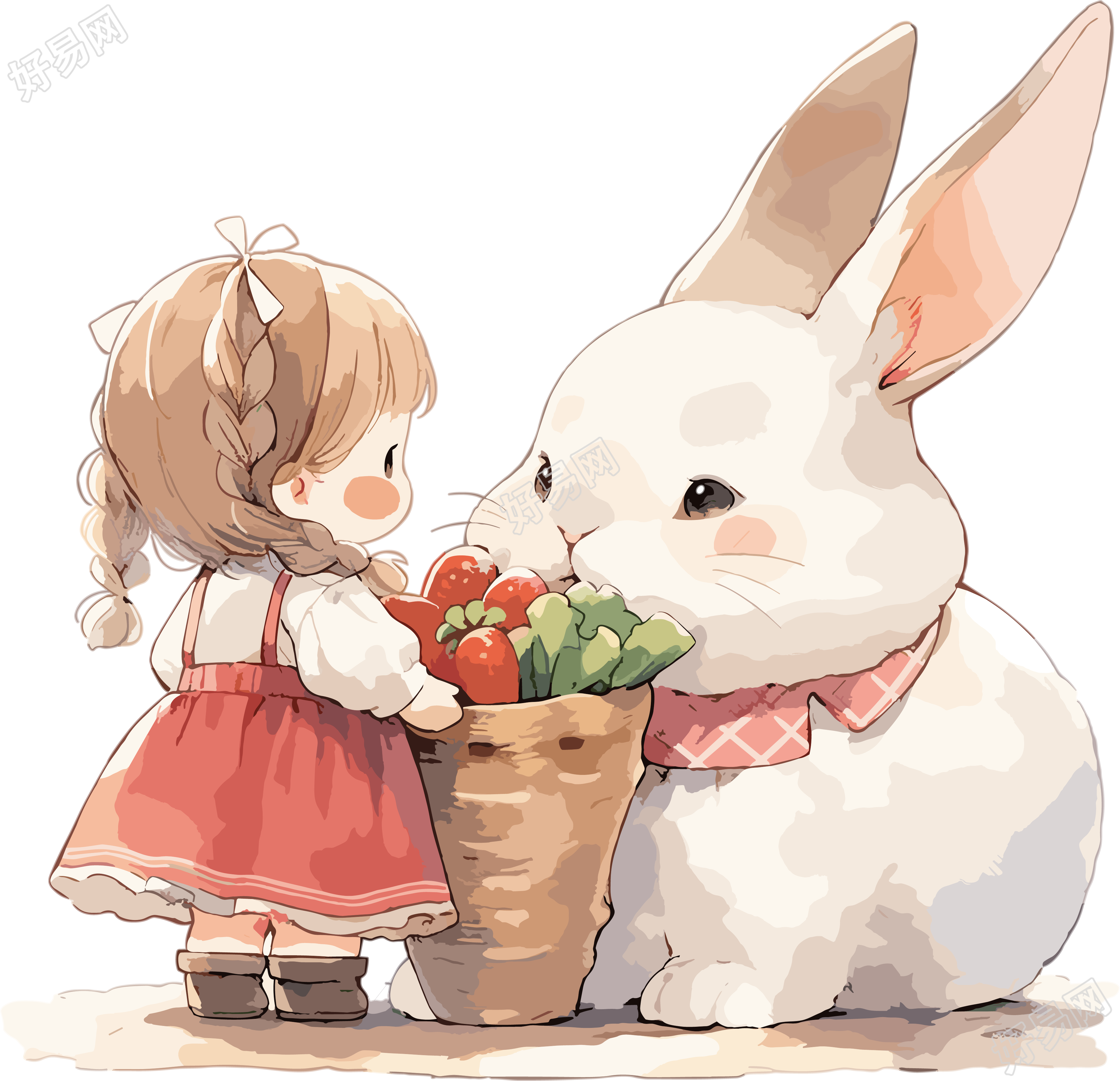 连衣裙小女孩和白兔可爱简笔画水彩素材