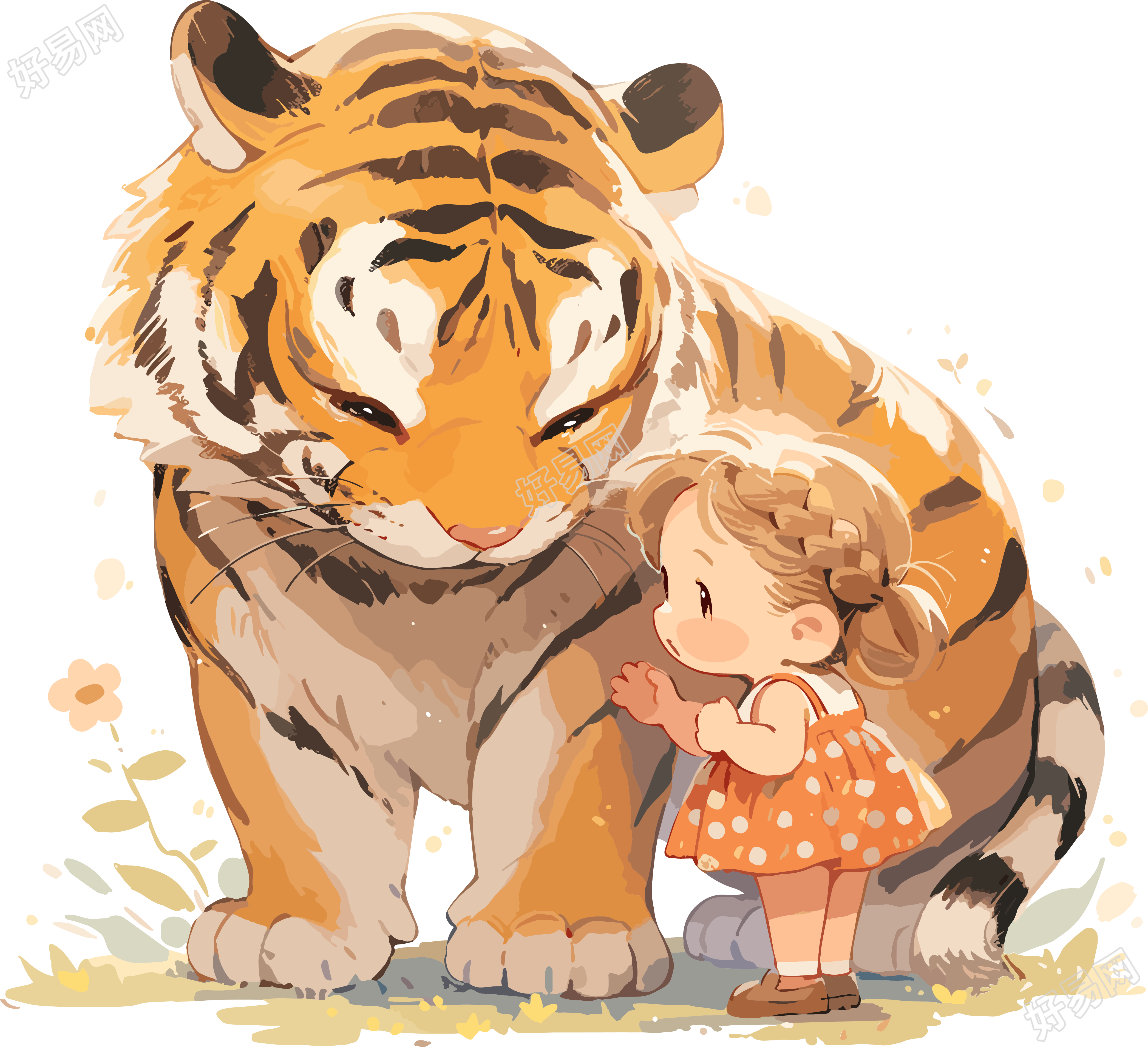 可爱老虎和小女孩玩耍插画