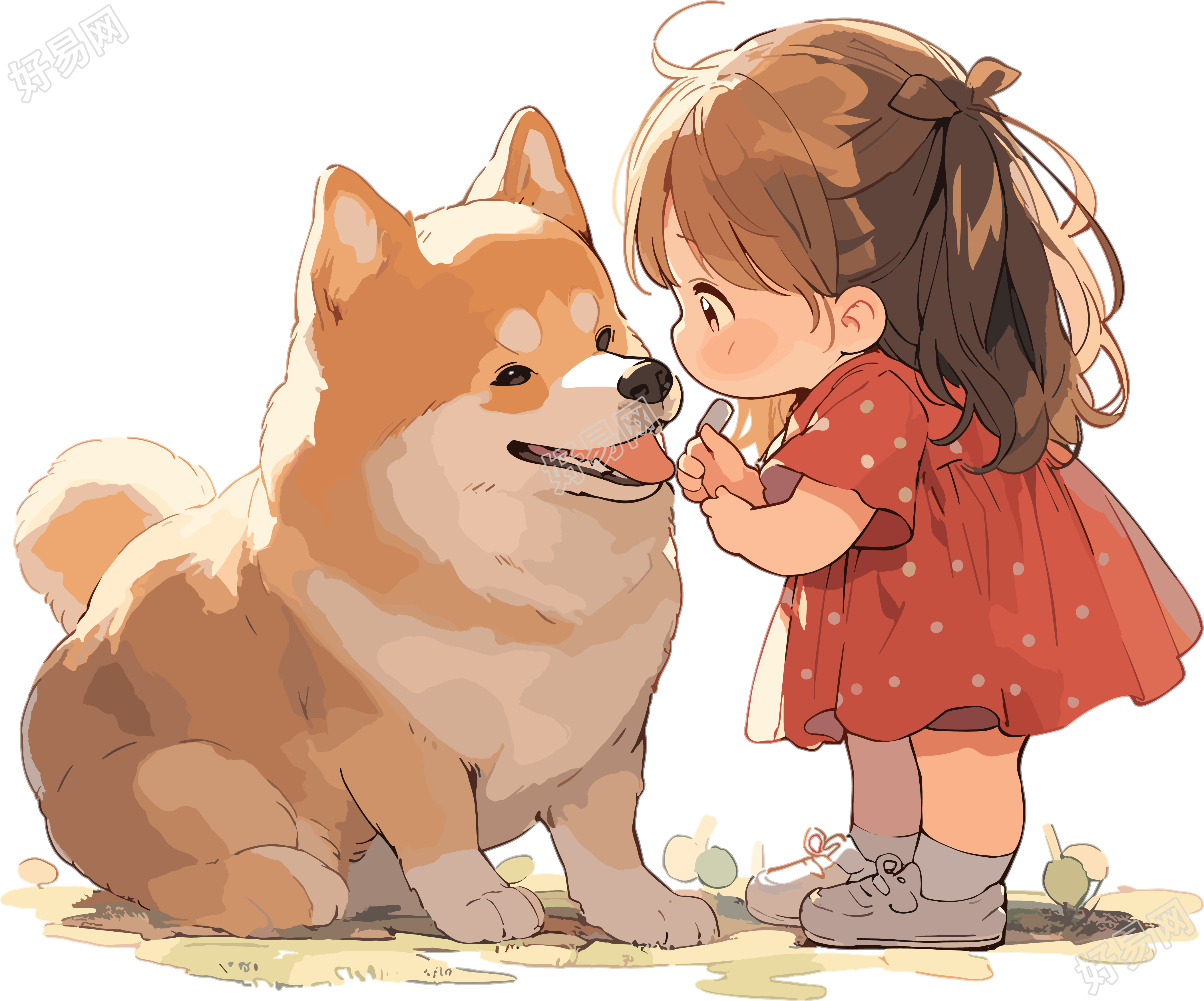 可爱小女孩和狗狗玩耍书籍插图素材
