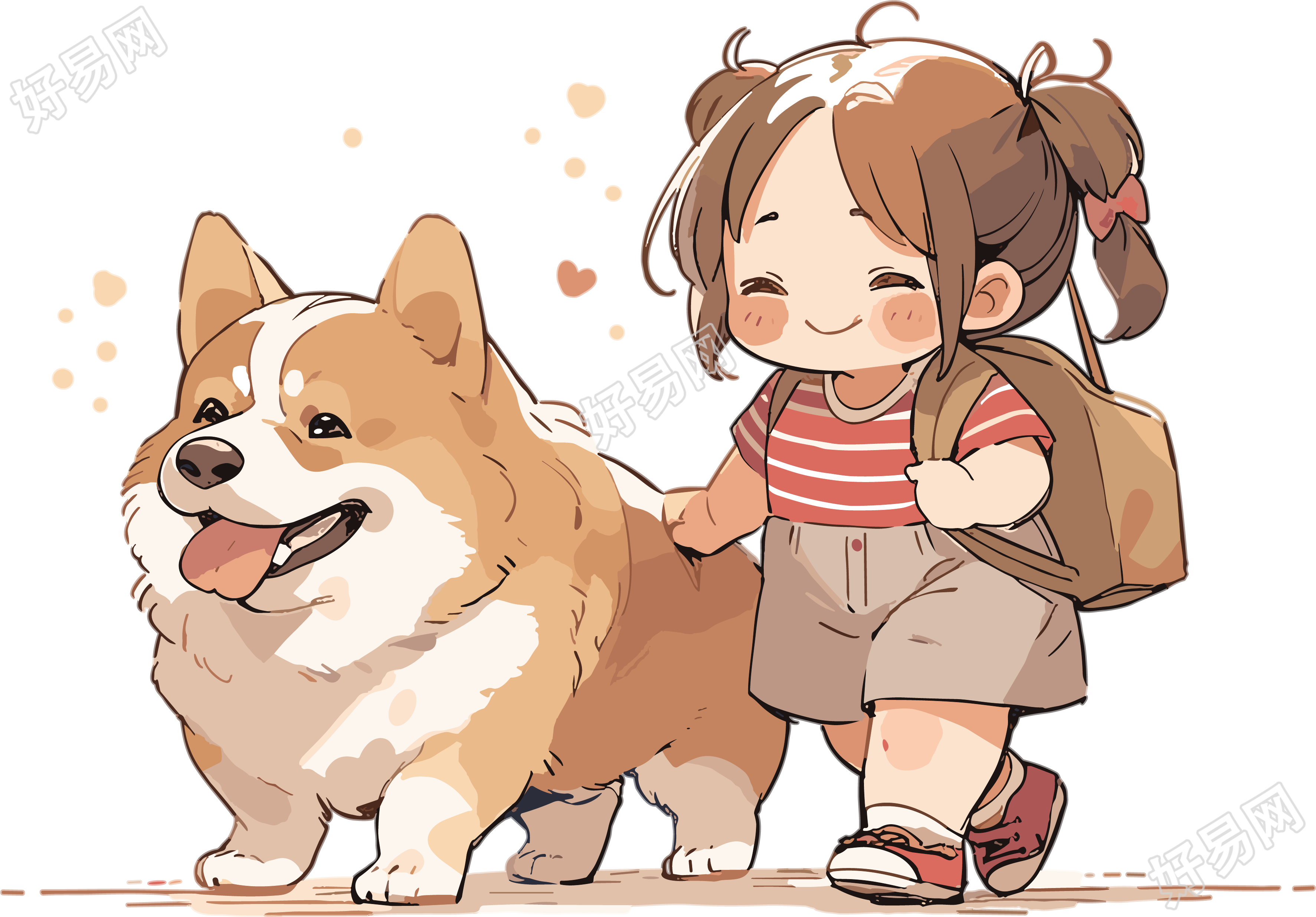 可爱狗狗和小女孩简笔水彩插画