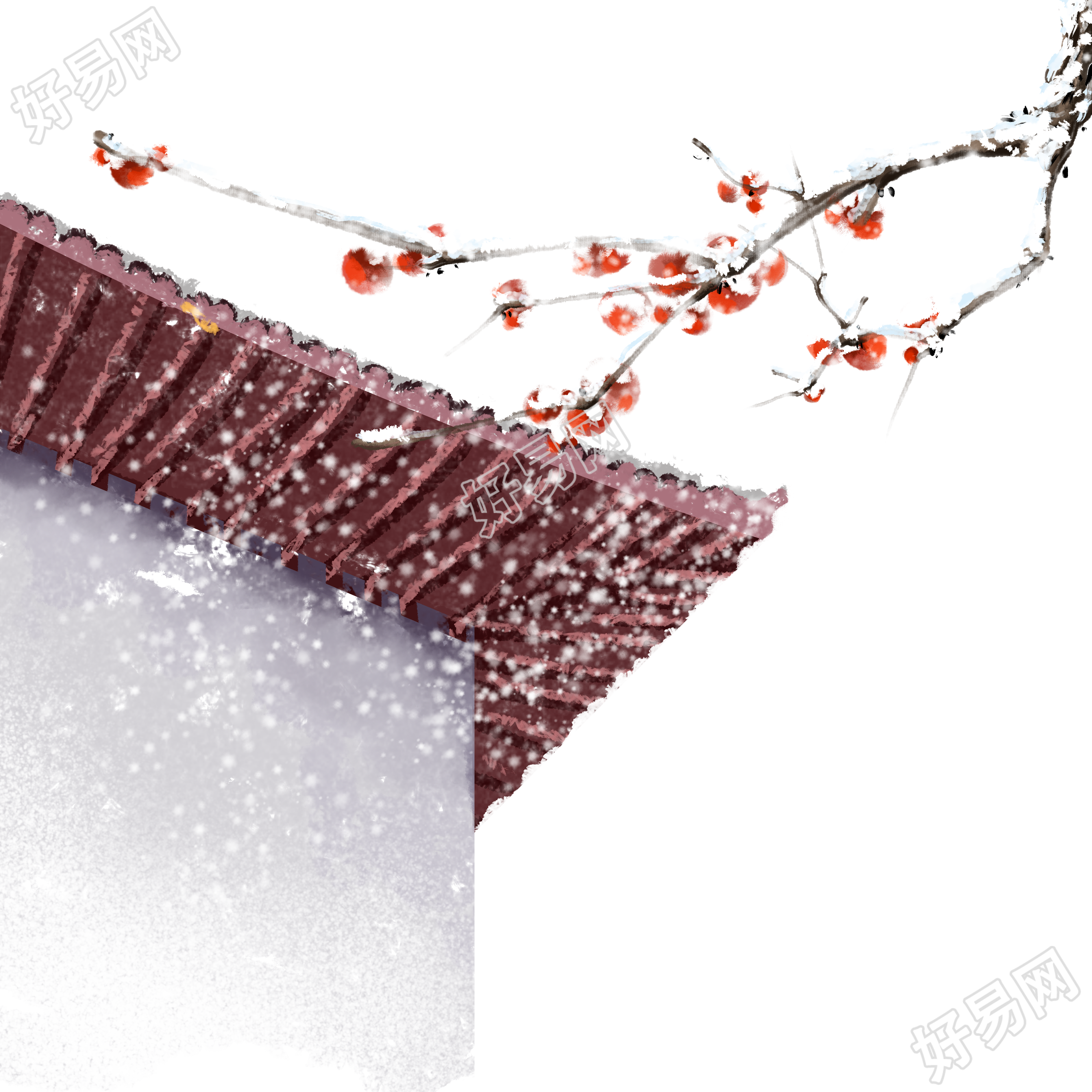 手绘大雪中的红色屋檐柿子PNG插图