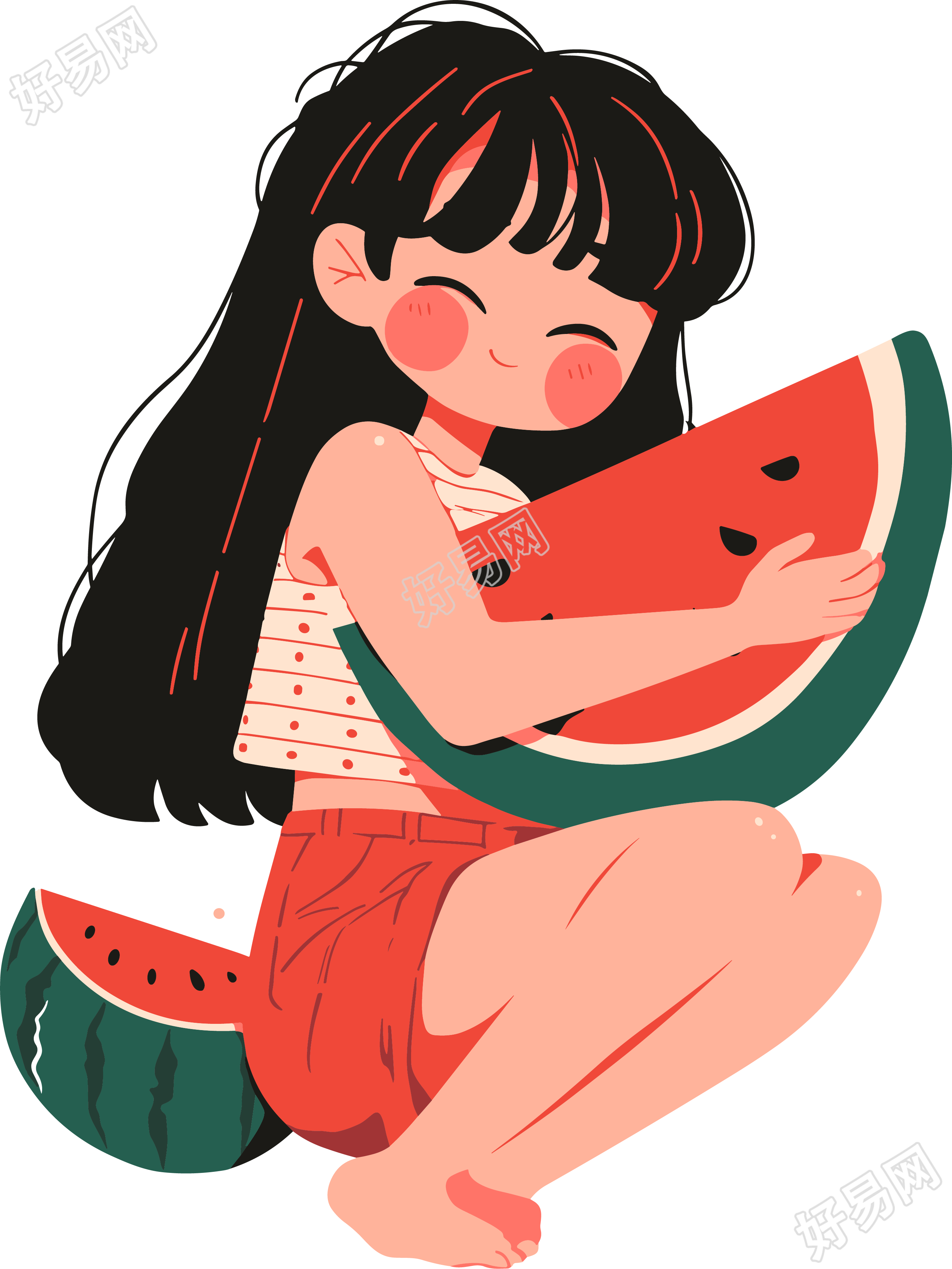 女孩吃西瓜简约插图