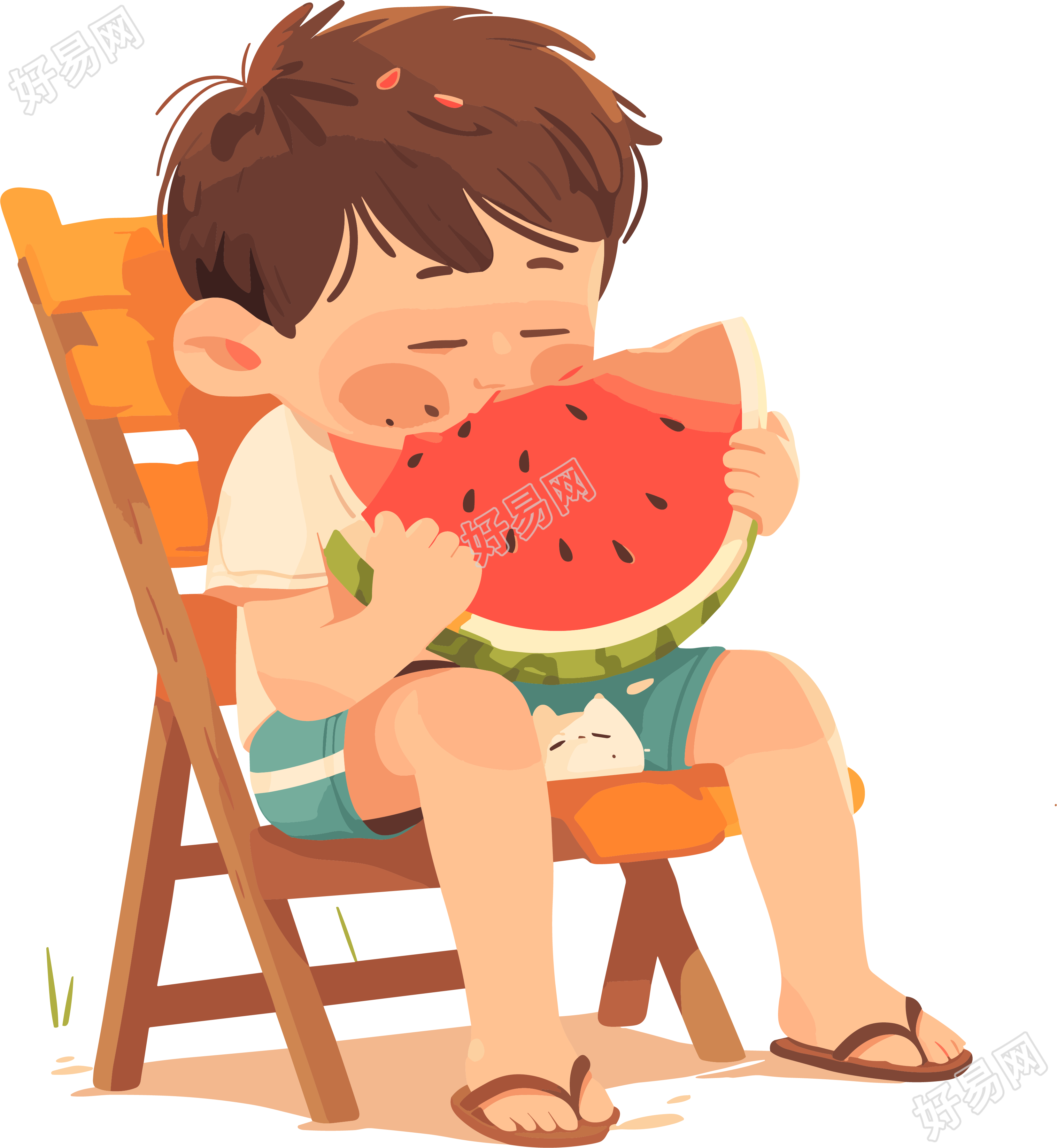 吃西瓜的男孩夏天插画