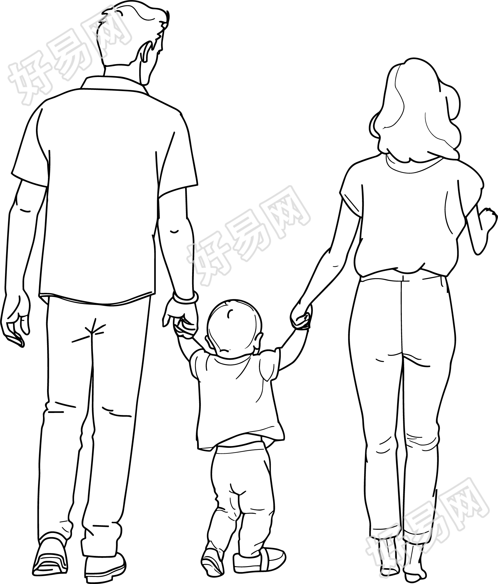 线条人物父母孩子手牵手素材