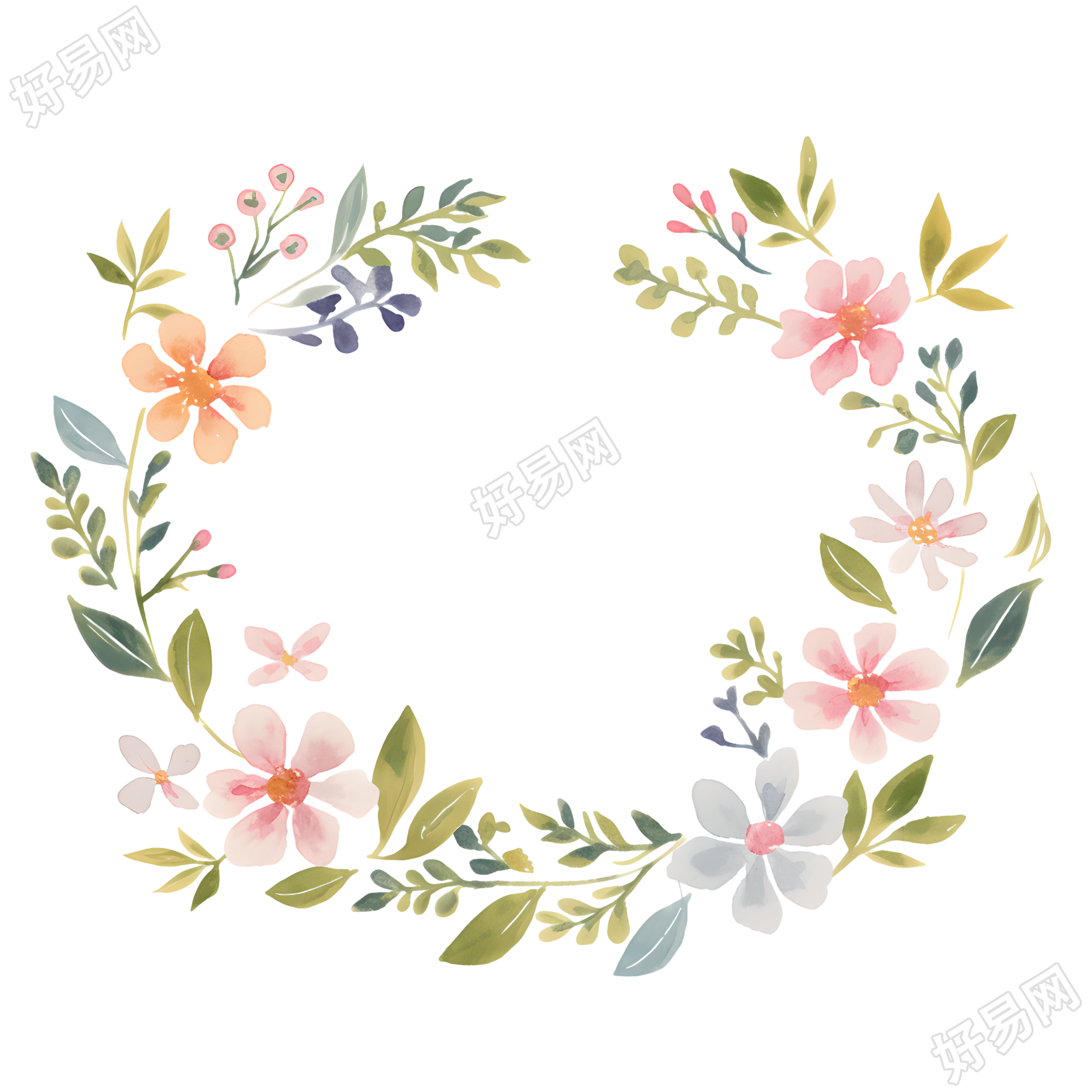 水彩植物花环插图