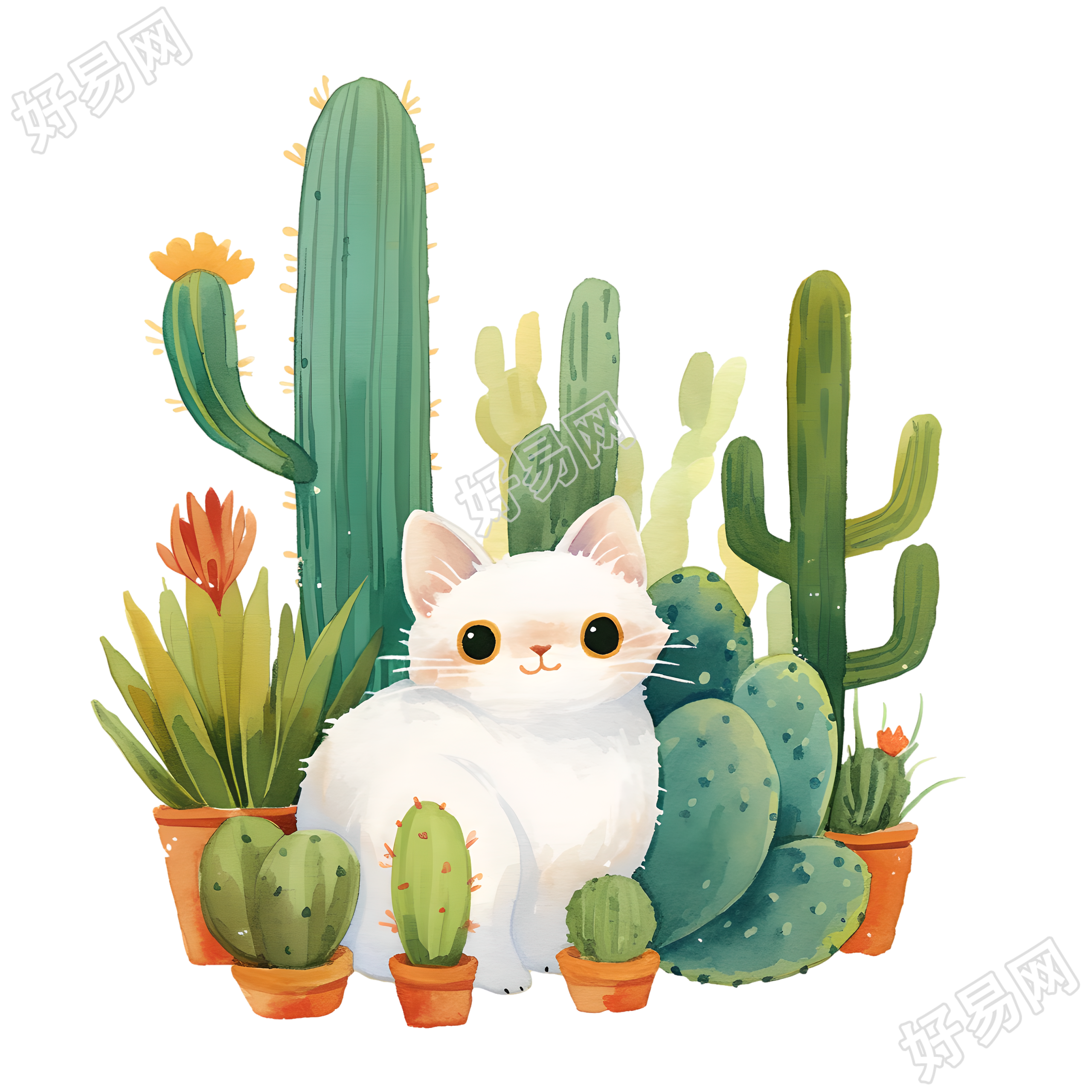 小猫仙人掌儿童水彩元素