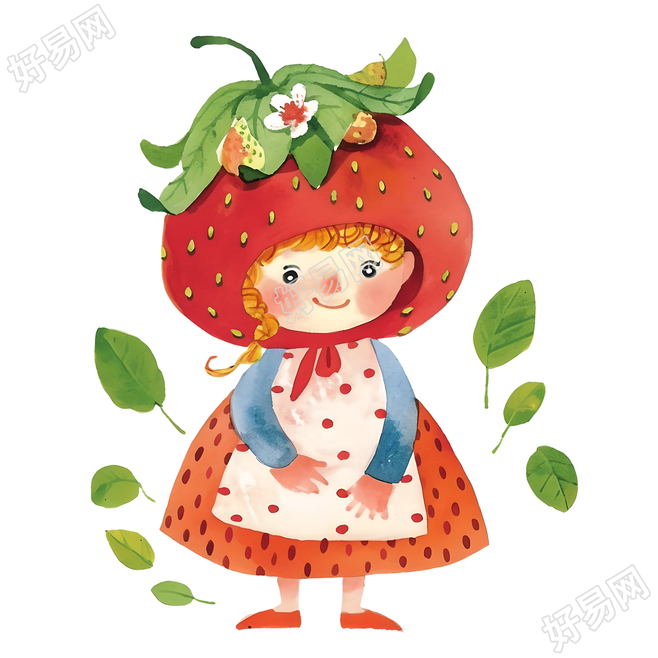 草莓女孩儿童水彩插图素材