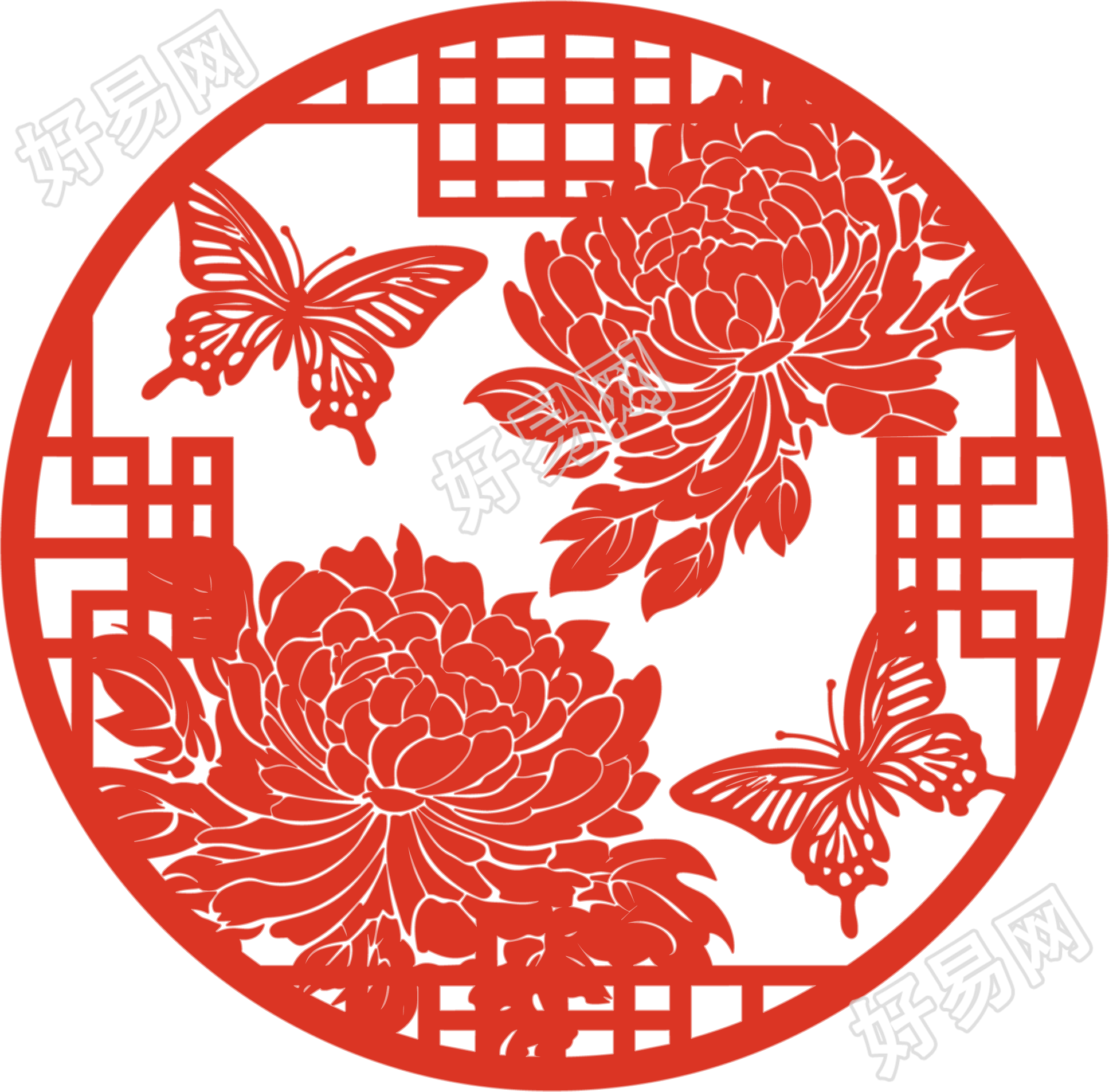 牡丹剪纸中式窗花元素