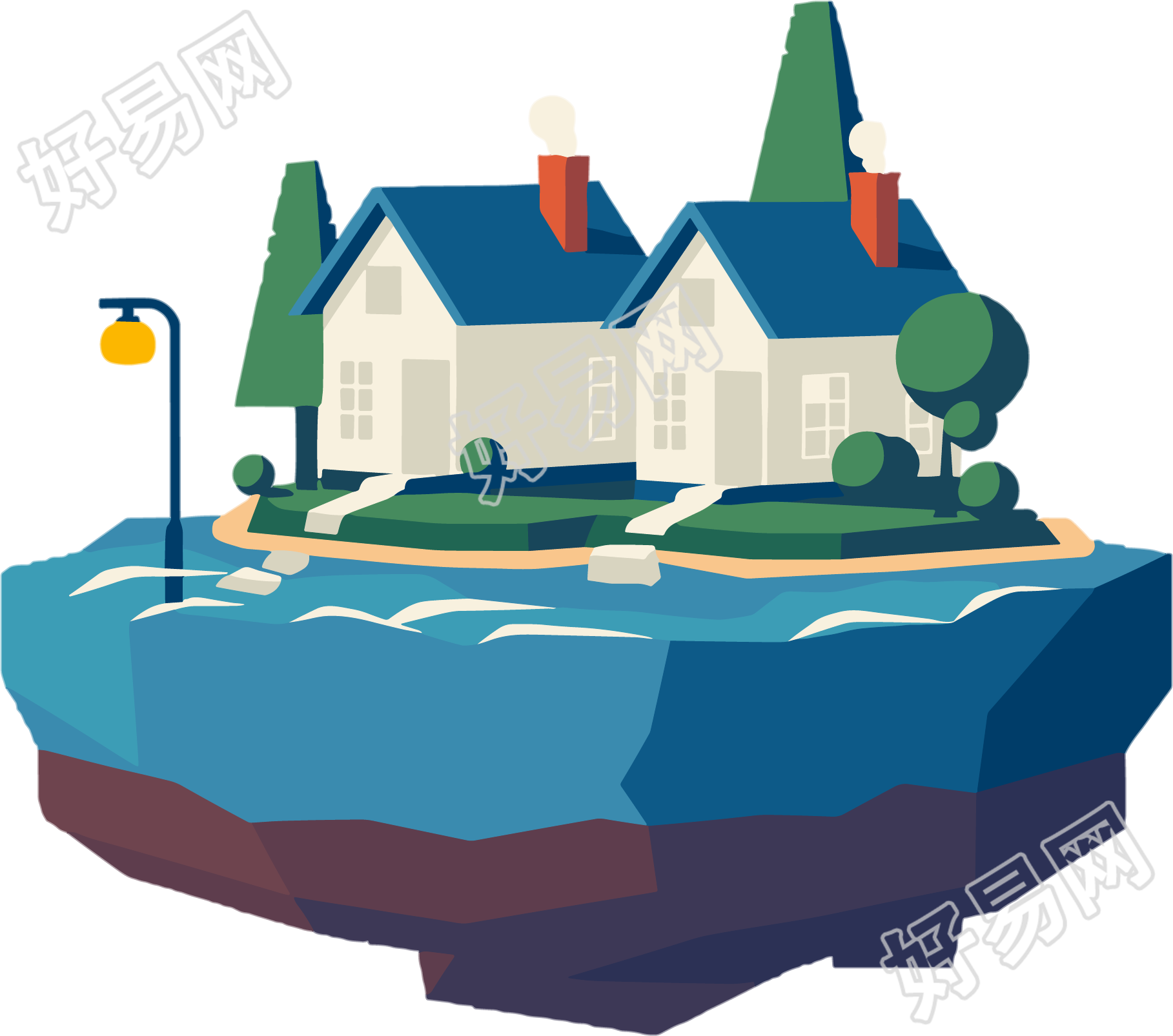 水淹房子防汛插画素材