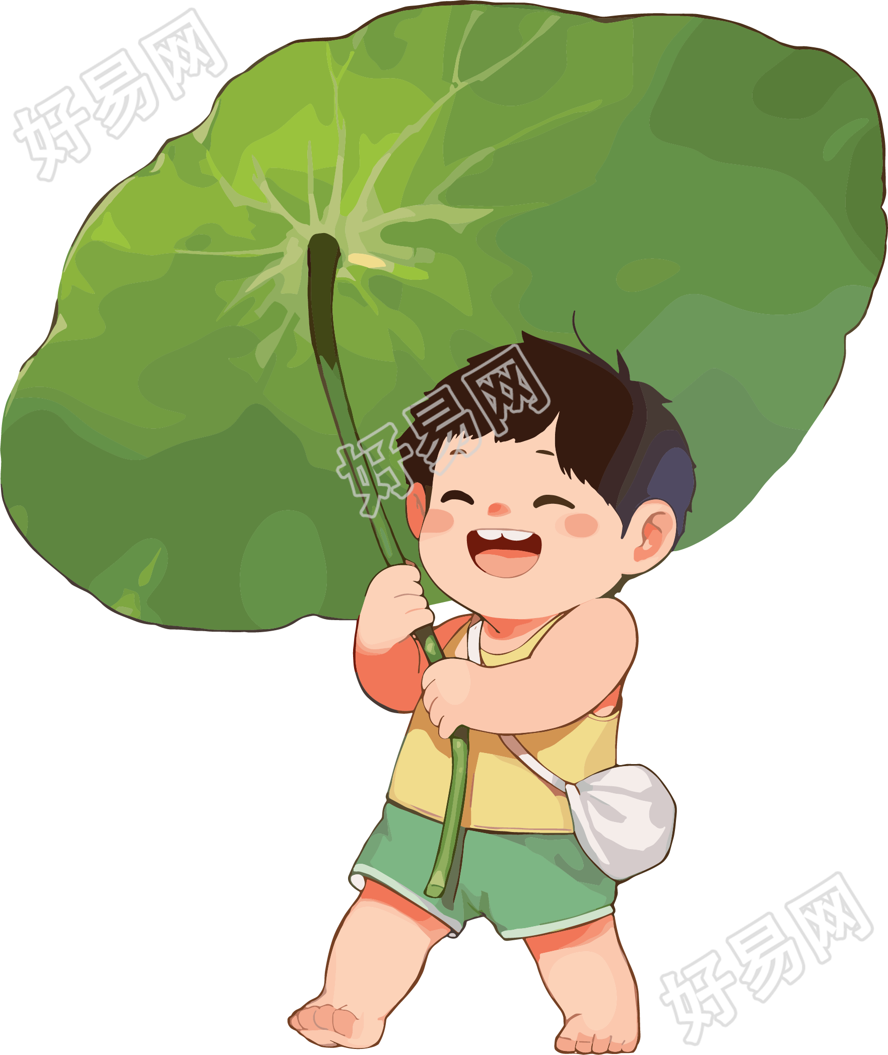 小男孩大荷叶夏天卡通素材