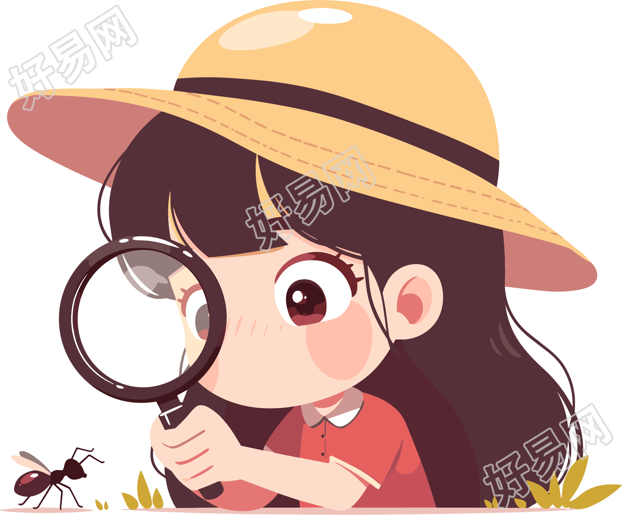 卡通孩子观察昆虫插画