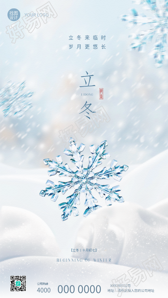 立冬节气唯美雪花简约手机海报