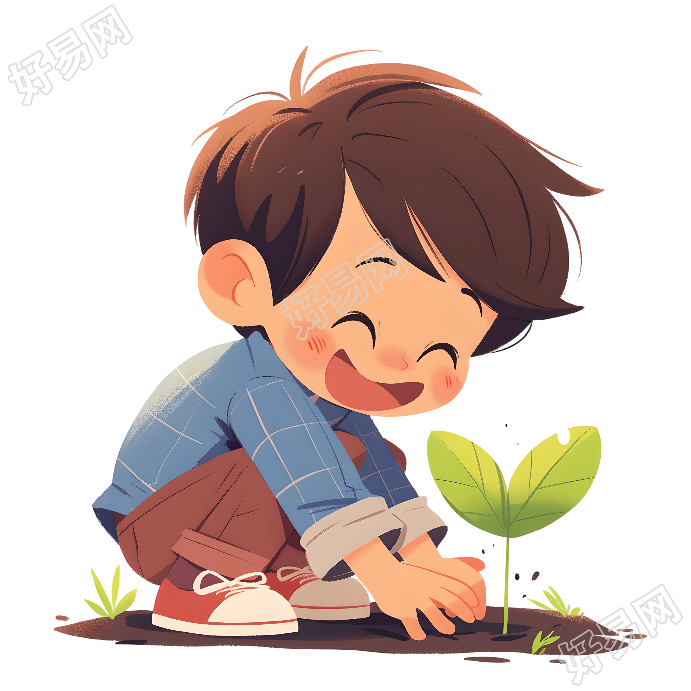 小男孩种树插画