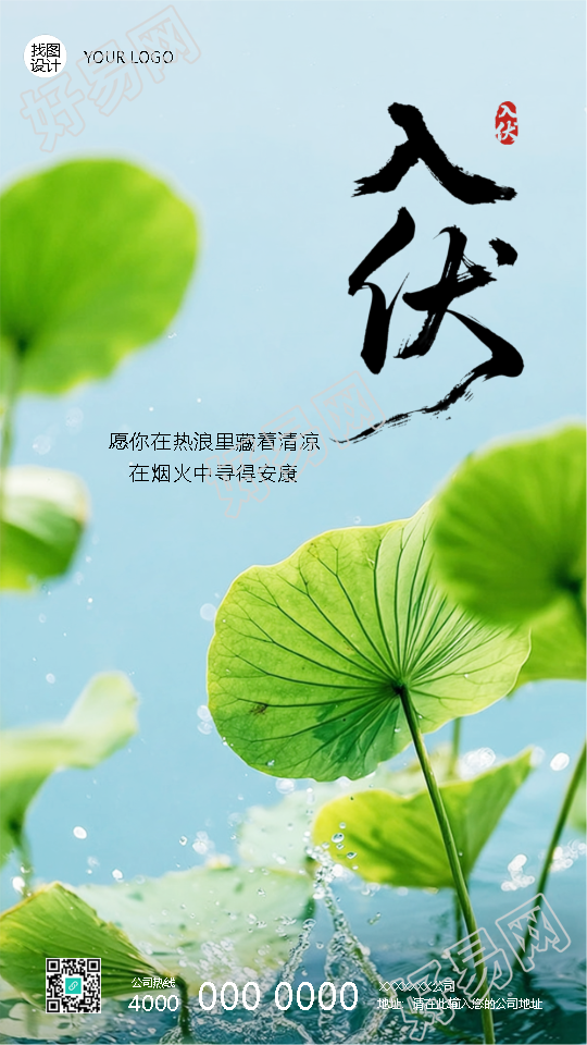 入伏小清新风格荷叶实景宣传手机海报