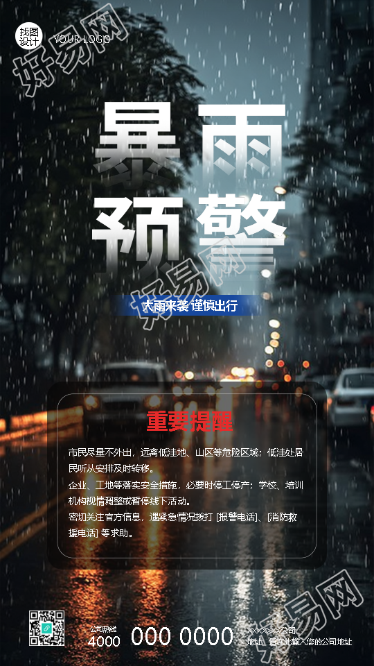 暴雨预警重要提醒创意手机海报